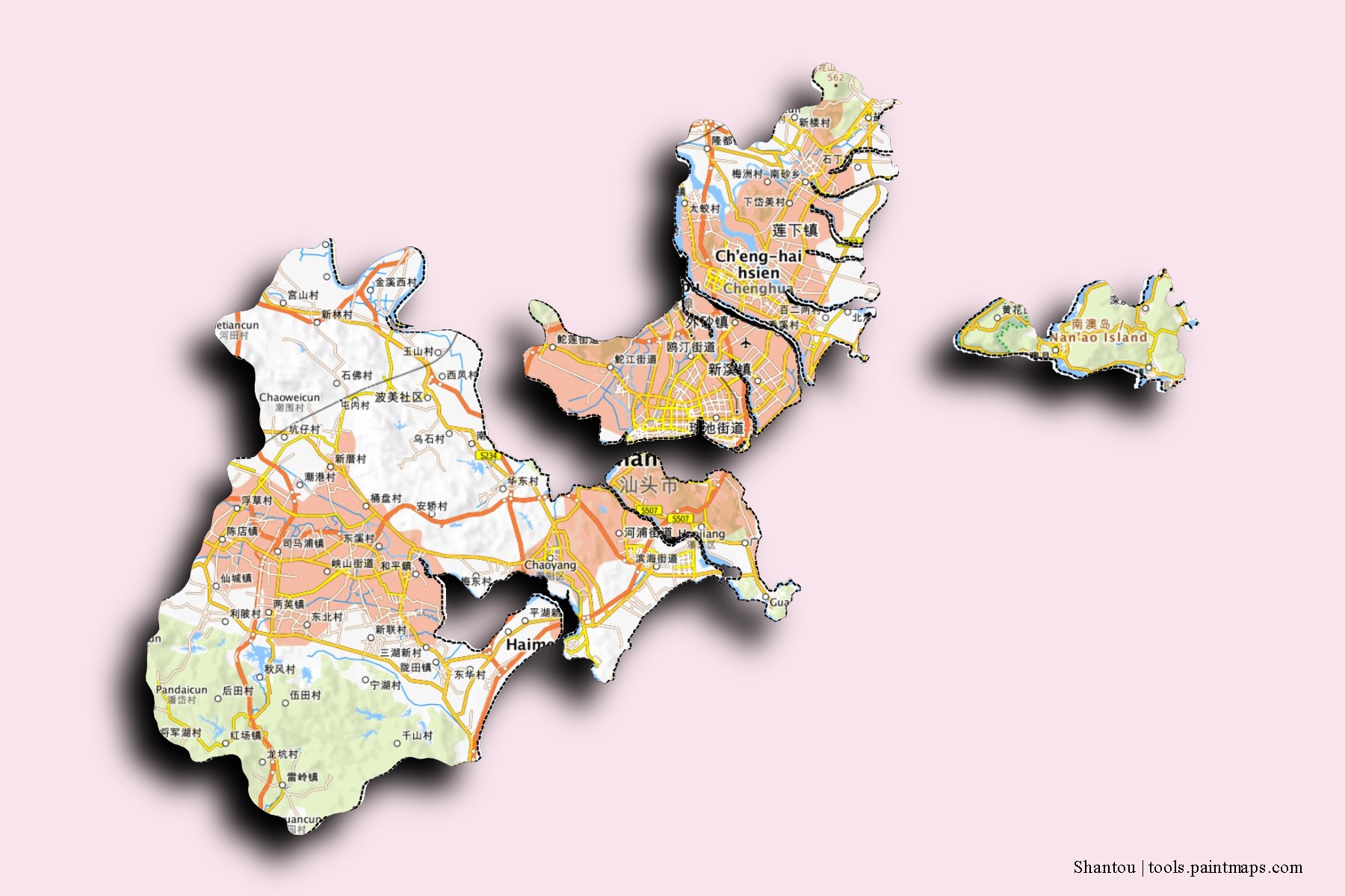 Shantou neighborhoods and villages map with 3D shadow effect