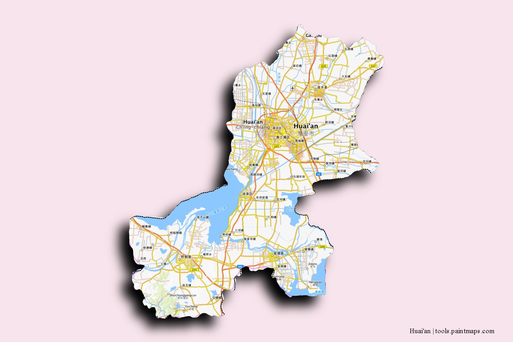 Huaiyin neighborhoods and villages map with 3D shadow effect