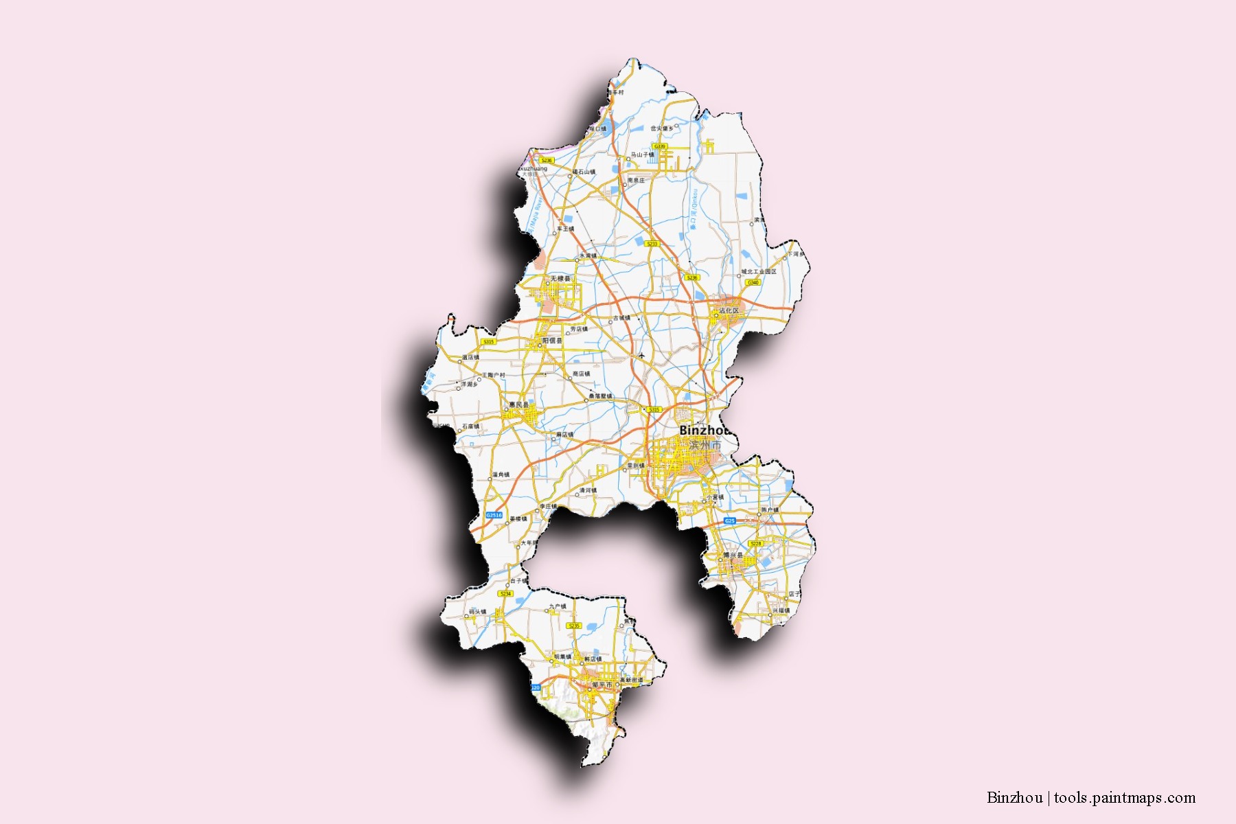 Mapa de barrios y pueblos de Binzhou con efecto de sombra 3D