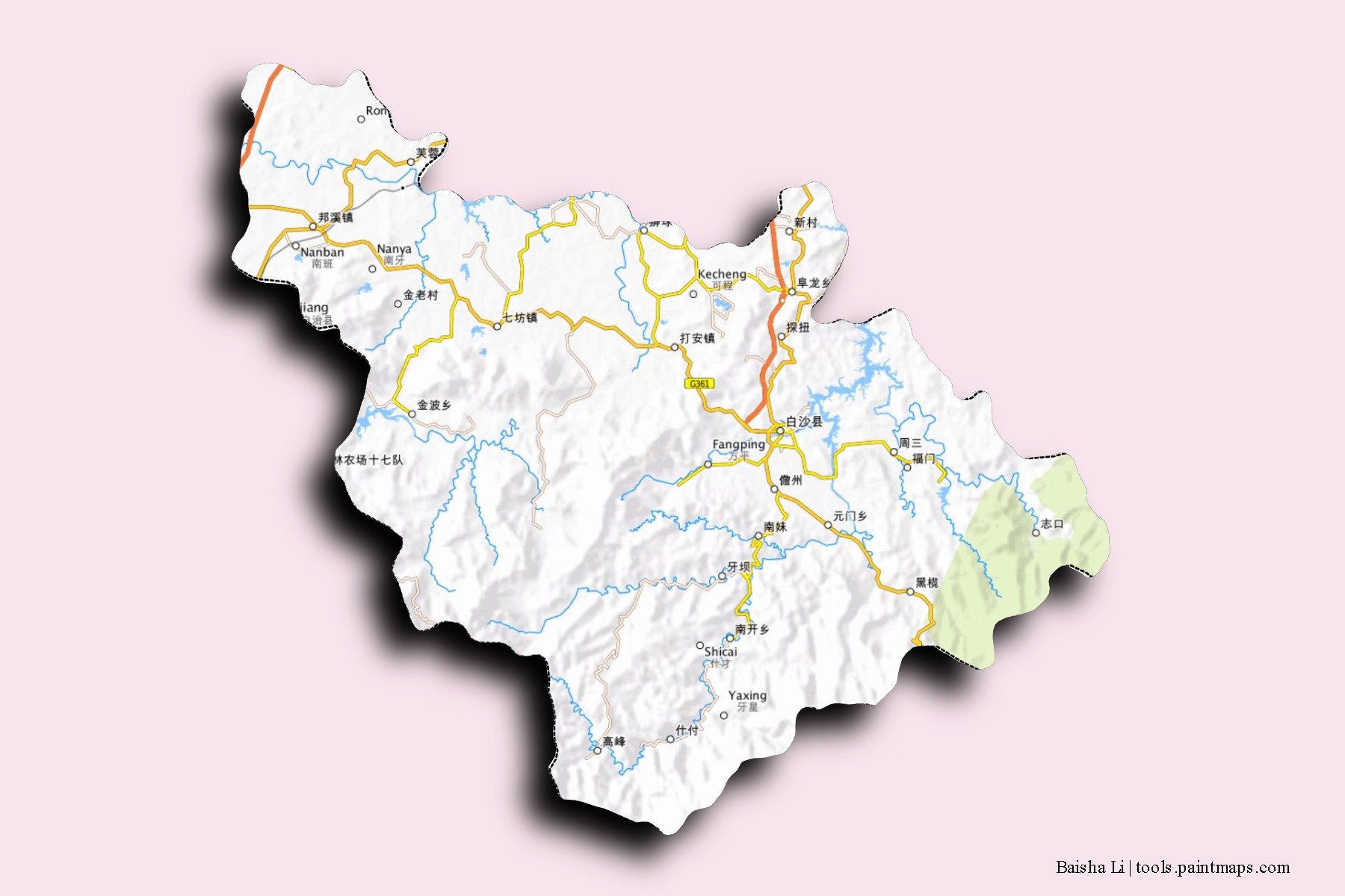 Mapa de barrios y pueblos de Baisha Li con efecto de sombra 3D