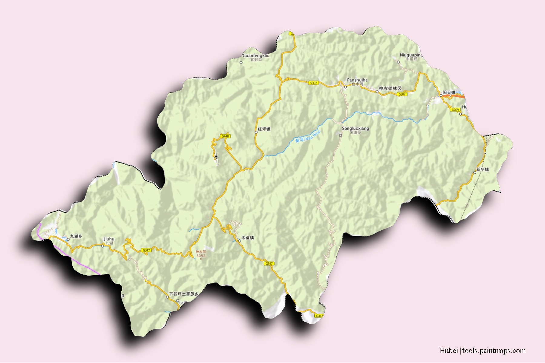 Mapa de barrios y pueblos de Hubei con efecto de sombra 3D