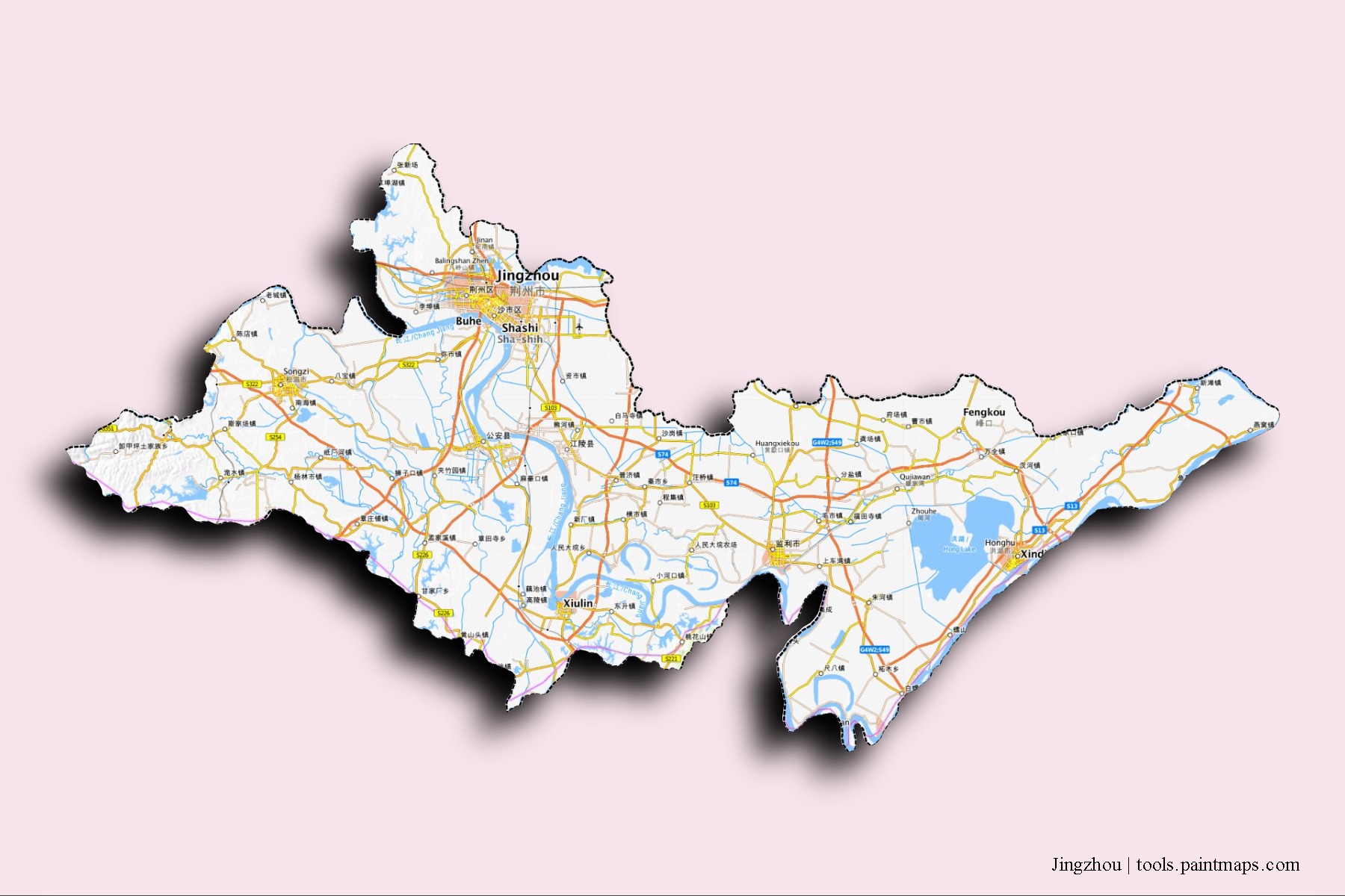 Jingzhou neighborhoods and villages map with 3D shadow effect