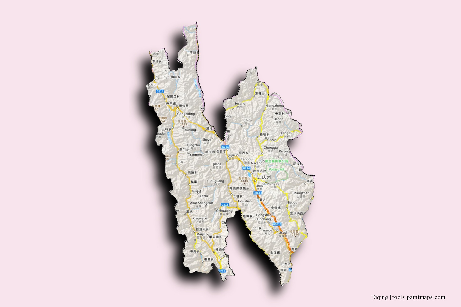 Mapa de barrios y pueblos de Diqing con efecto de sombra 3D