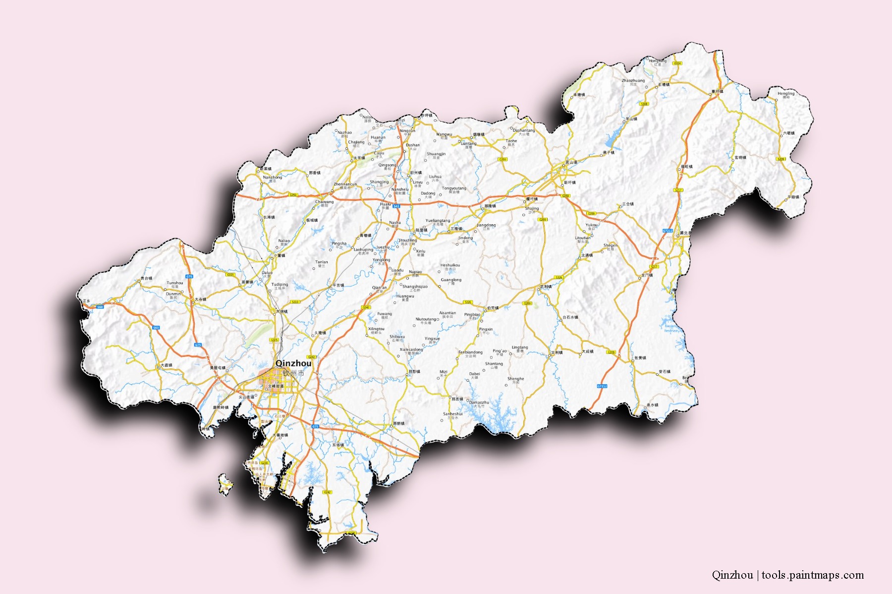 Mapa de barrios y pueblos de Qinzhou con efecto de sombra 3D