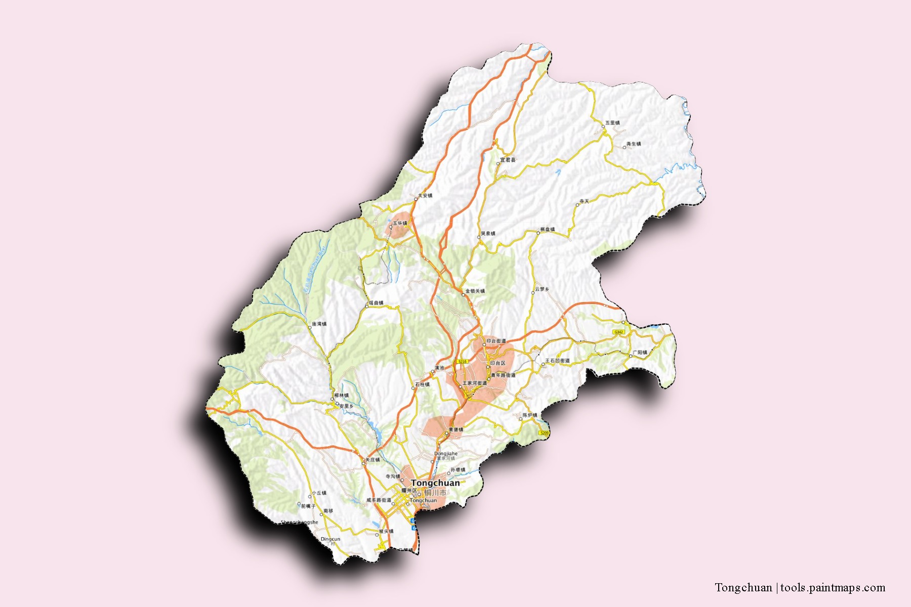 Mapa de barrios y pueblos de Tongchuan con efecto de sombra 3D