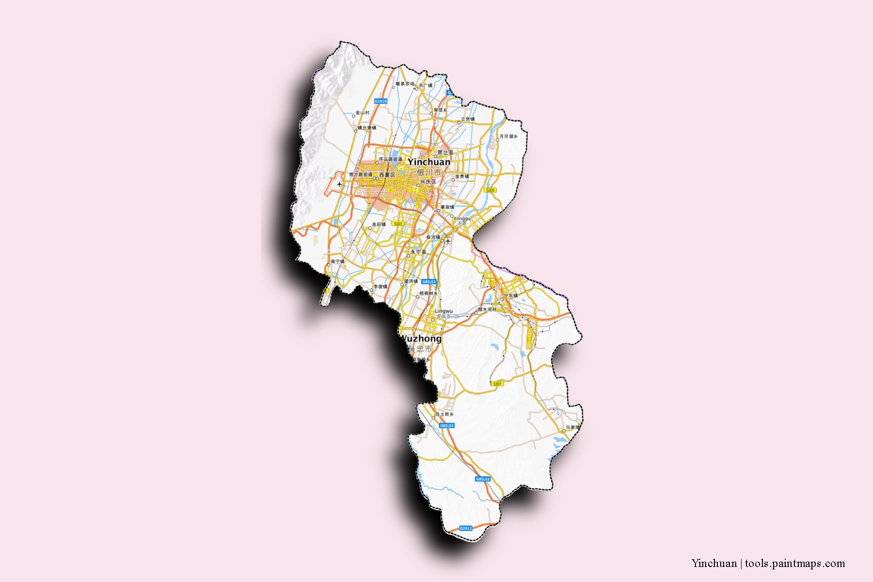 Yinchuan neighborhoods and villages map with 3D shadow effect