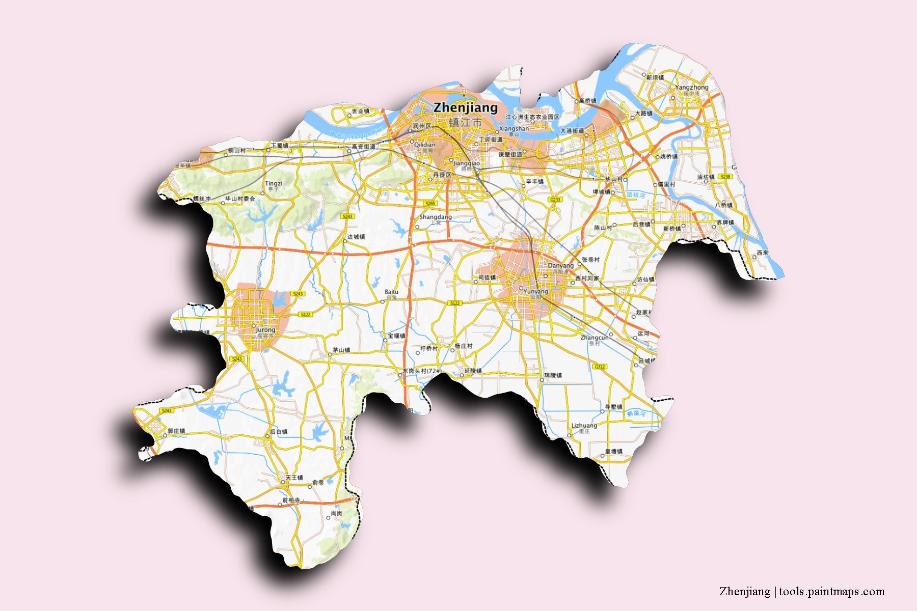 Zhenjiang neighborhoods and villages map with 3D shadow effect