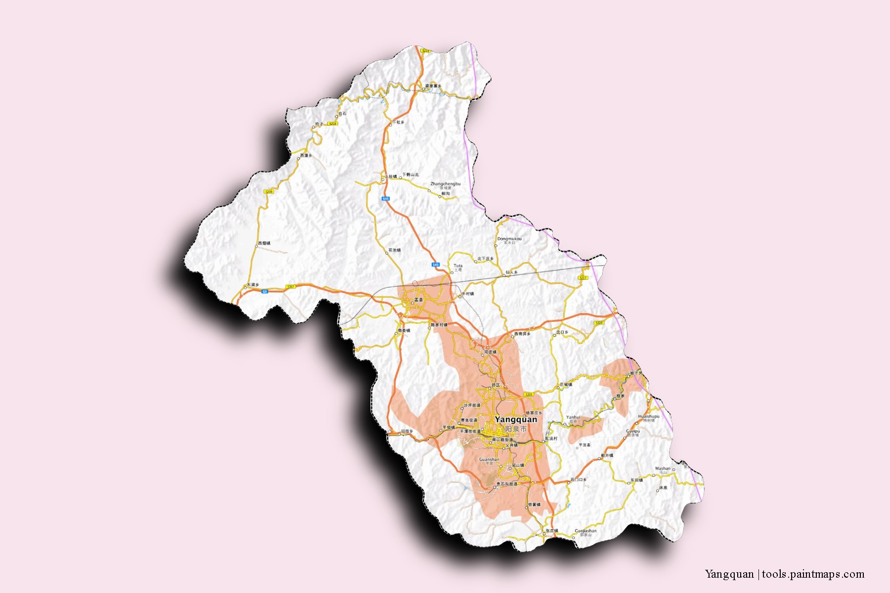 Mapa de barrios y pueblos de Yangquan con efecto de sombra 3D