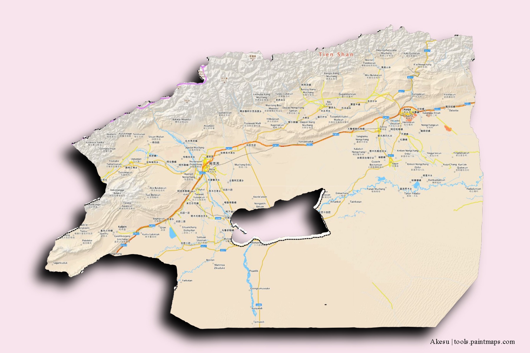 Mapa de barrios y pueblos de Akesu con efecto de sombra 3D