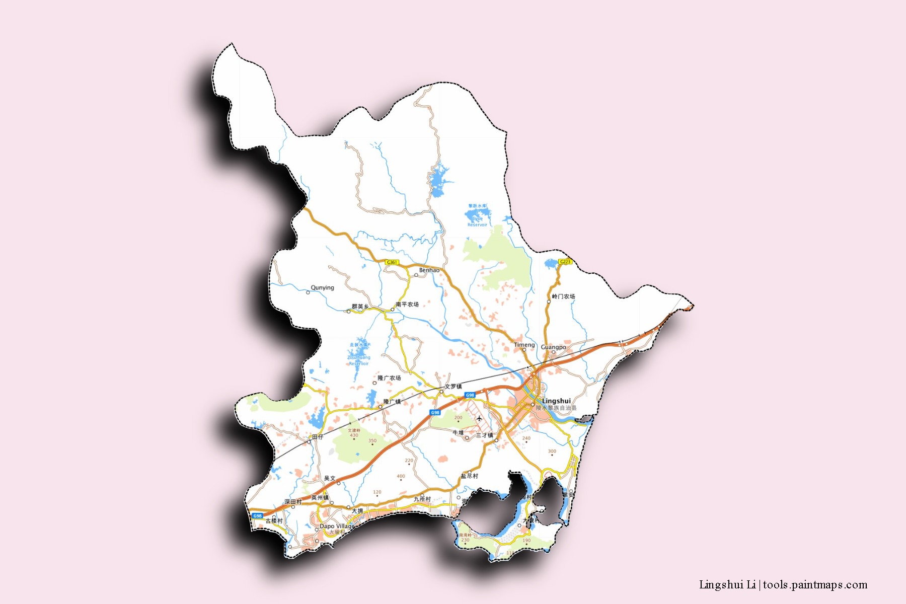 Mapa de barrios y pueblos de Lingshui Li con efecto de sombra 3D