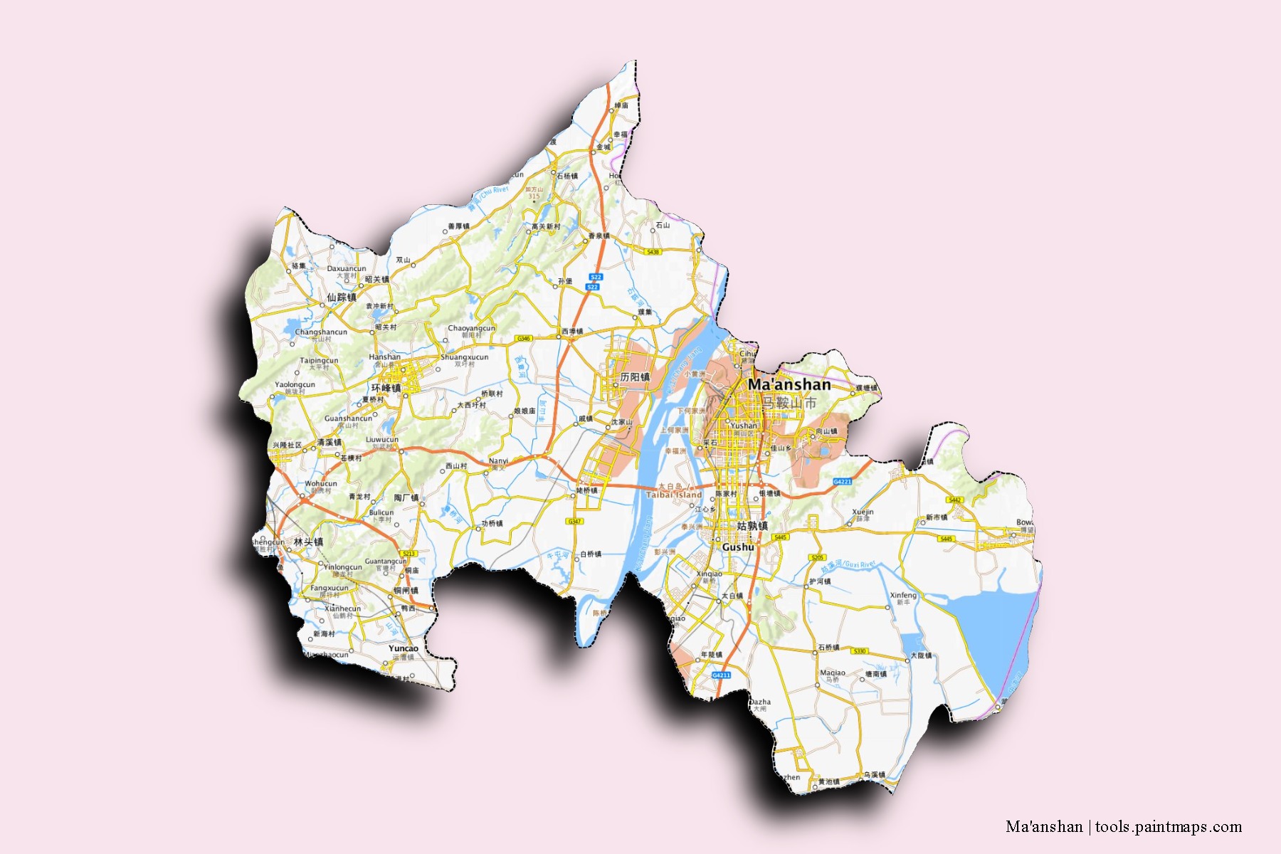 Ma'anshan neighborhoods and villages map with 3D shadow effect