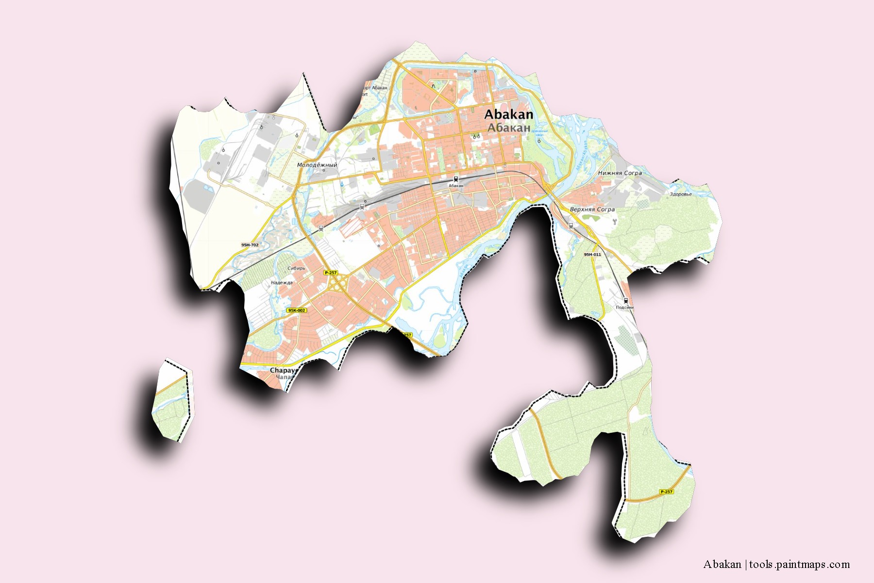 Abakan neighborhoods and villages map with 3D shadow effect