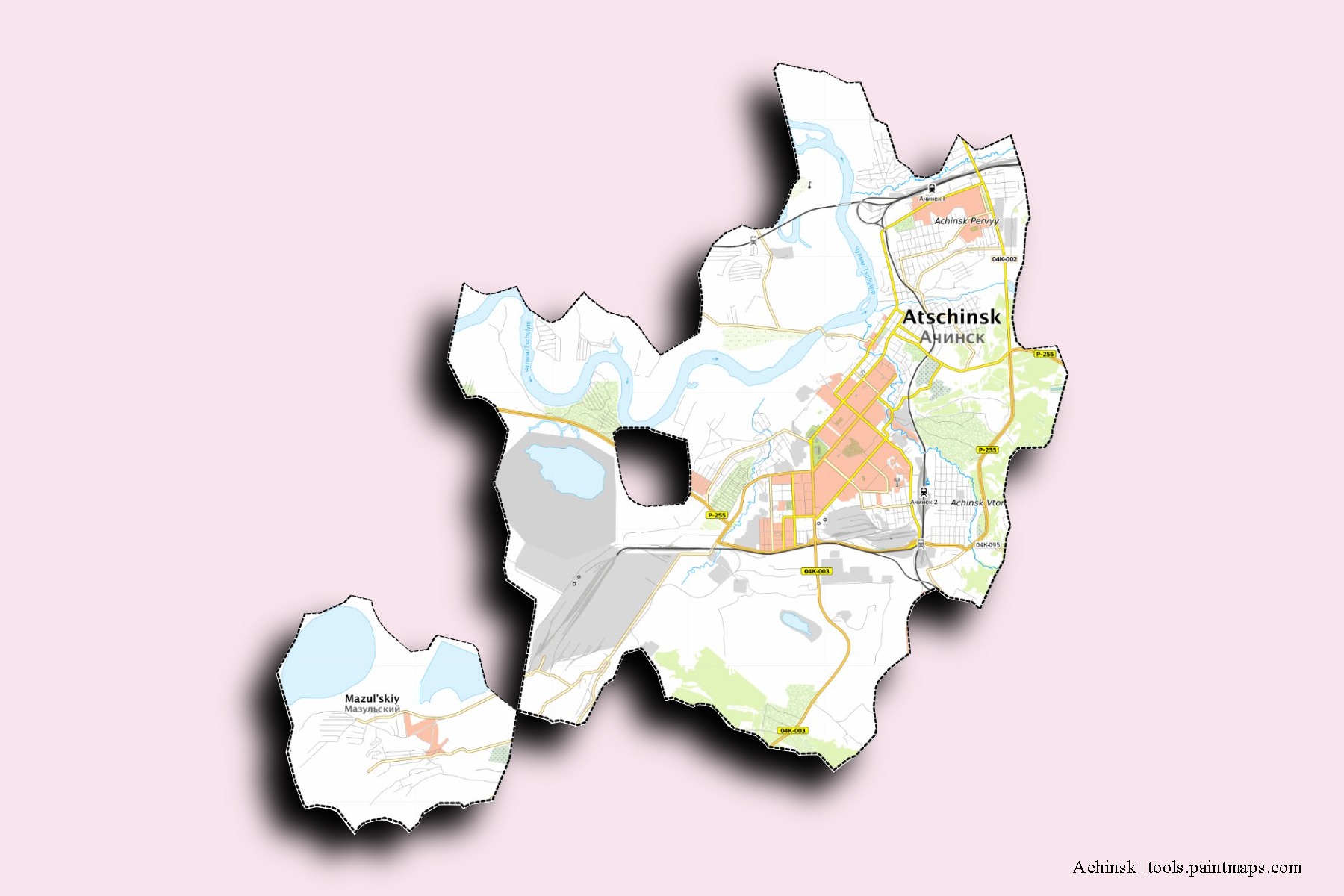 Achinsk neighborhoods and villages map with 3D shadow effect