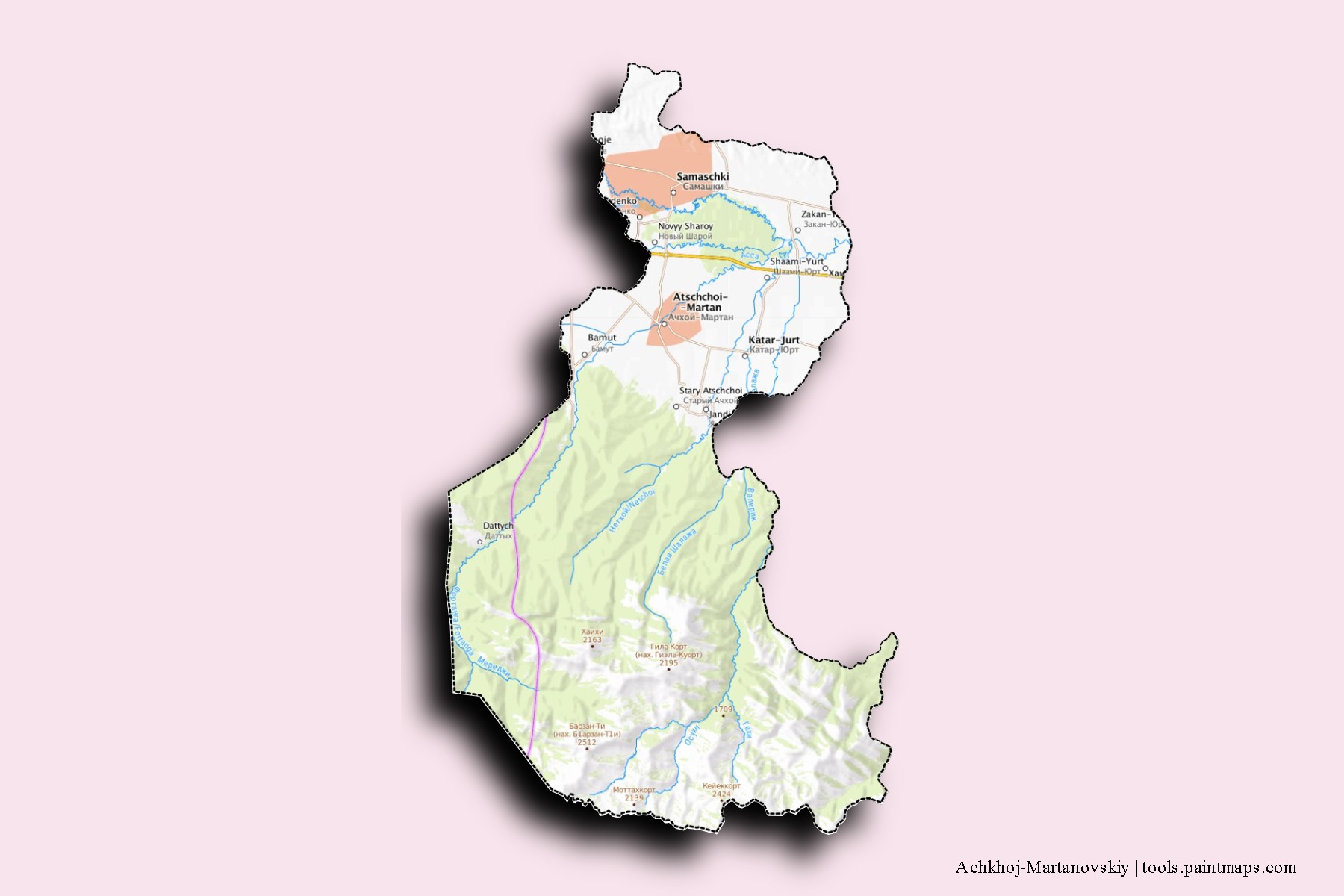 Achkhoj-Martanovskiy neighborhoods and villages map with 3D shadow effect