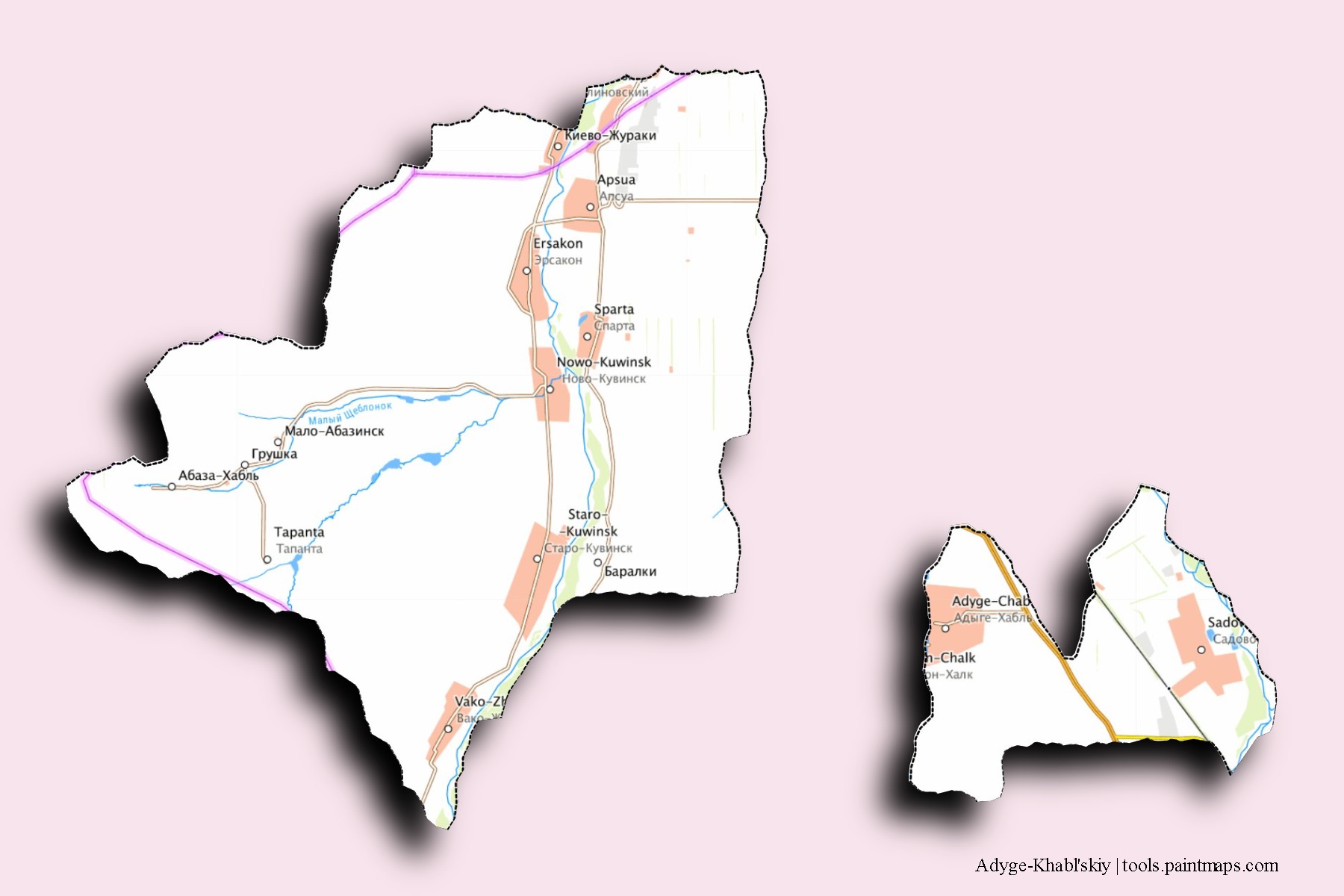 Mapa de barrios y pueblos de Adyge-Khabl'skiy con efecto de sombra 3D