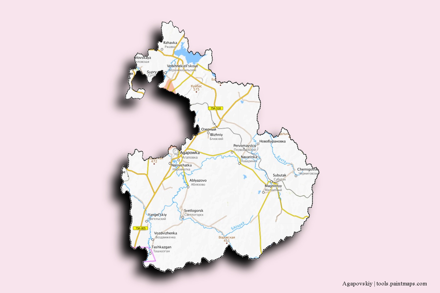 Mapa de barrios y pueblos de Agapovskiy con efecto de sombra 3D