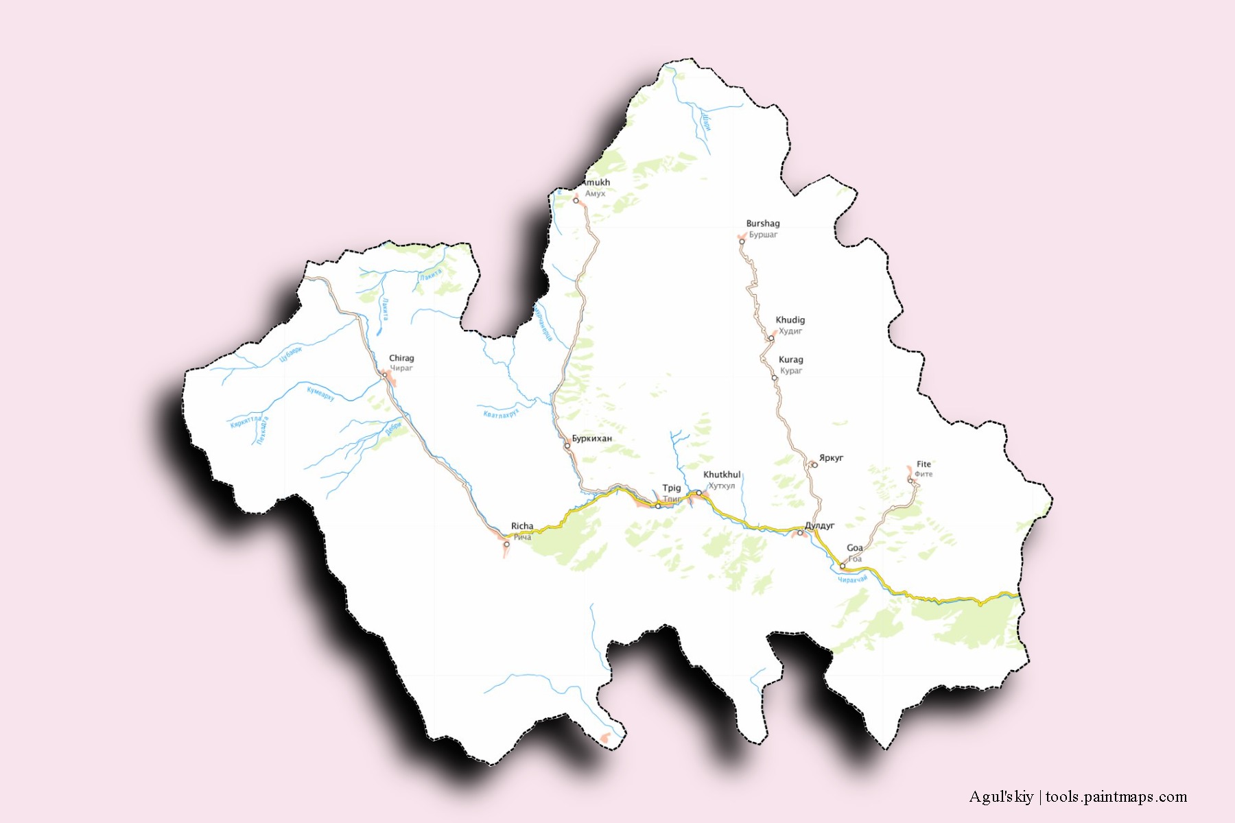 Agul'skiy neighborhoods and villages map with 3D shadow effect