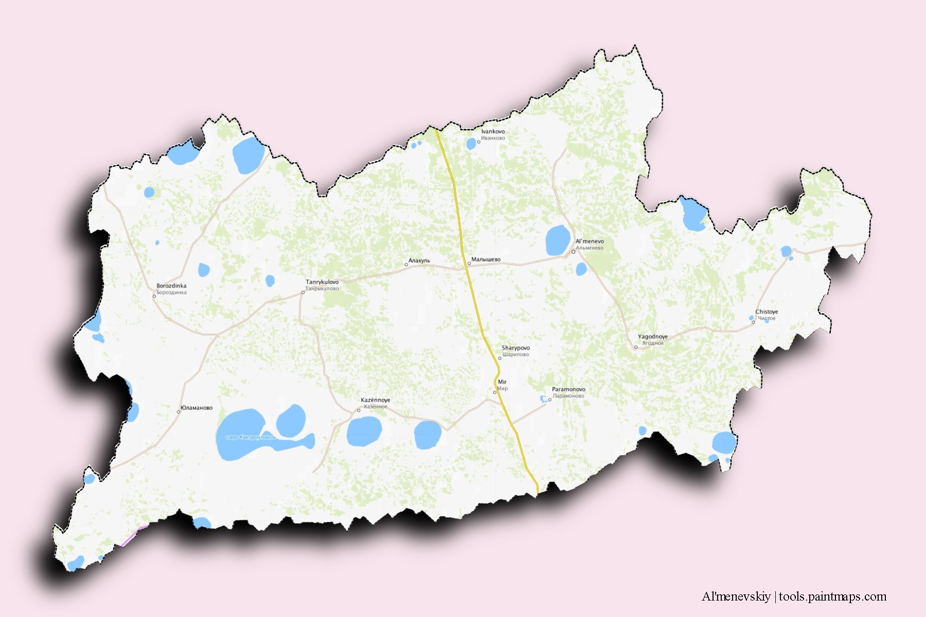 Al'menevskiy neighborhoods and villages map with 3D shadow effect