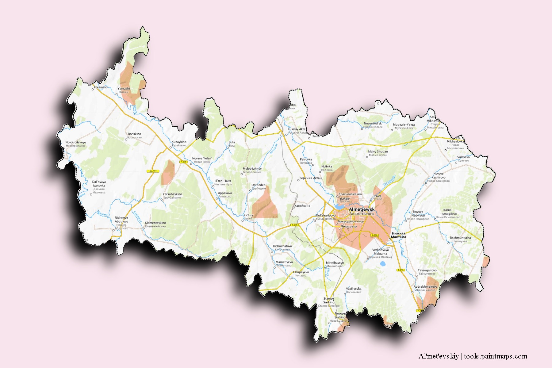 Al'met'evskiy neighborhoods and villages map with 3D shadow effect