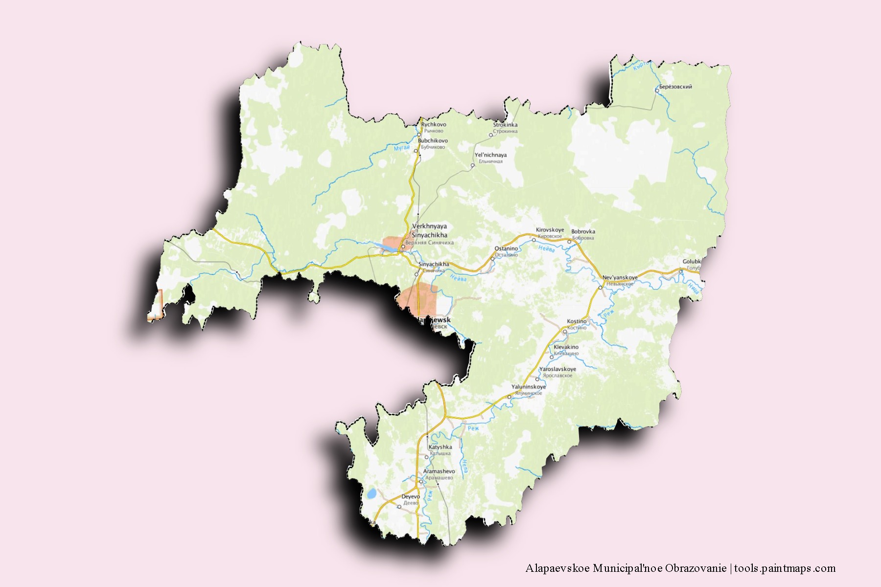 Mapa de barrios y pueblos de Alapaevskoe Municipal'noe Obrazovanie con efecto de sombra 3D