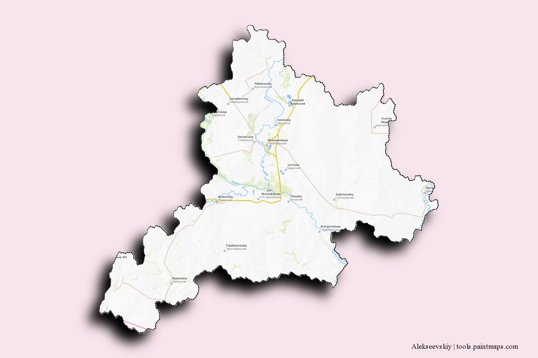 Mapa de barrios y pueblos de Alekseevskiy con efecto de sombra 3D