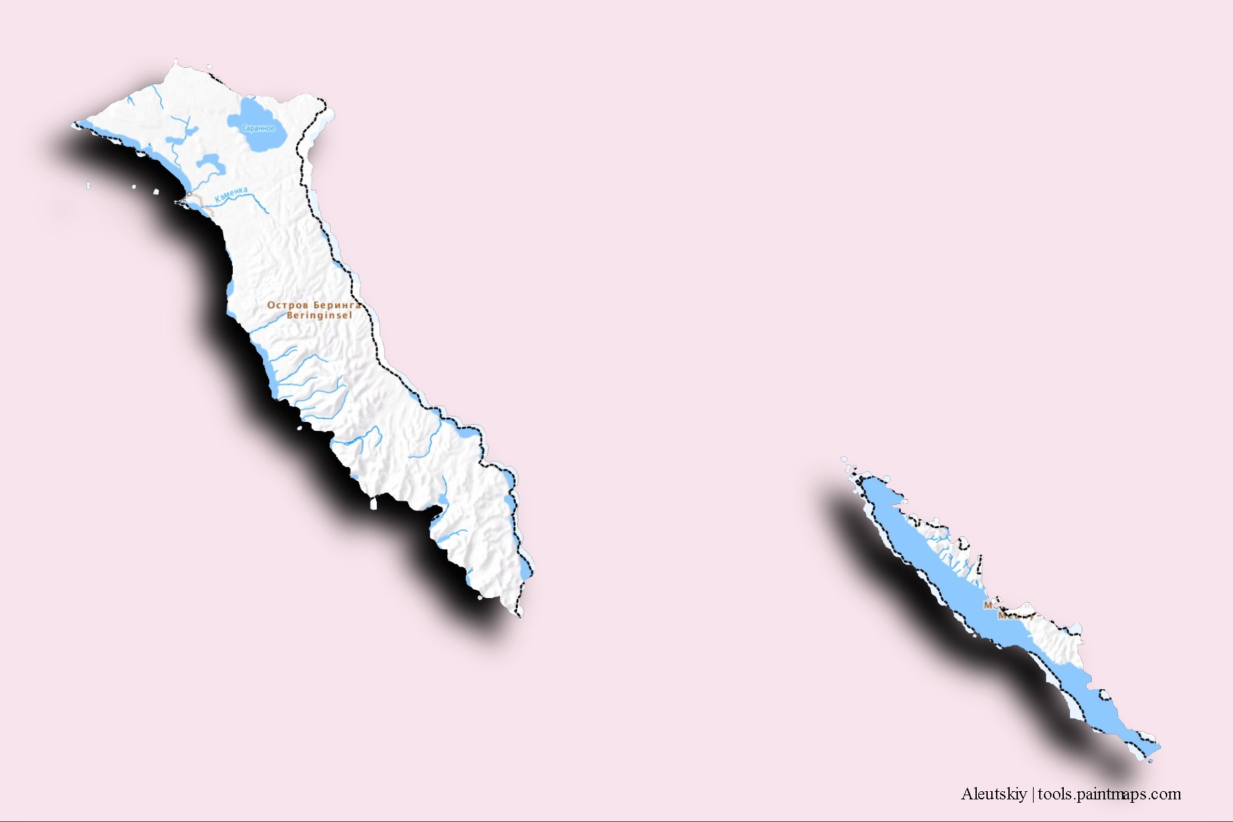 Mapa de barrios y pueblos de Aleutskiy con efecto de sombra 3D