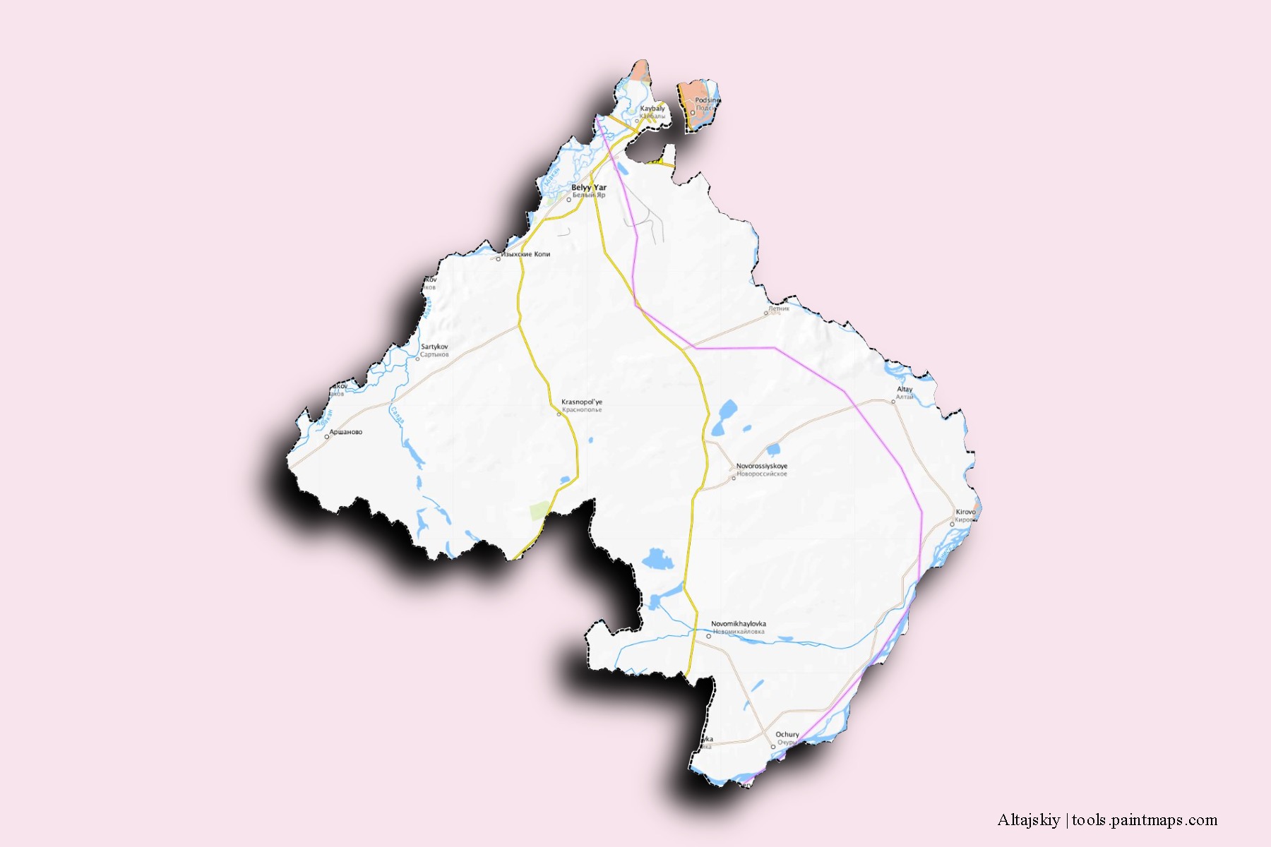 Altajskiy neighborhoods and villages map with 3D shadow effect