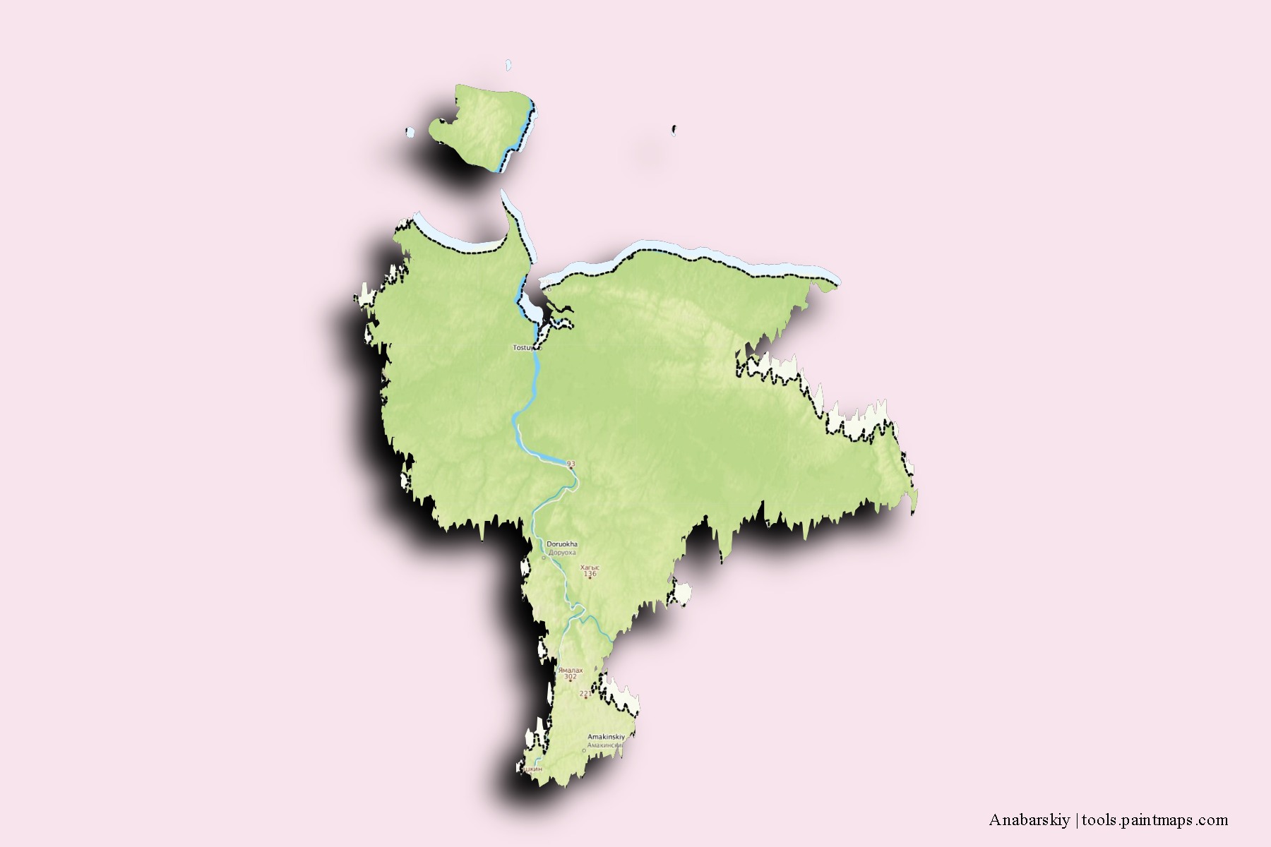 Mapa de barrios y pueblos de Anabarskiy con efecto de sombra 3D