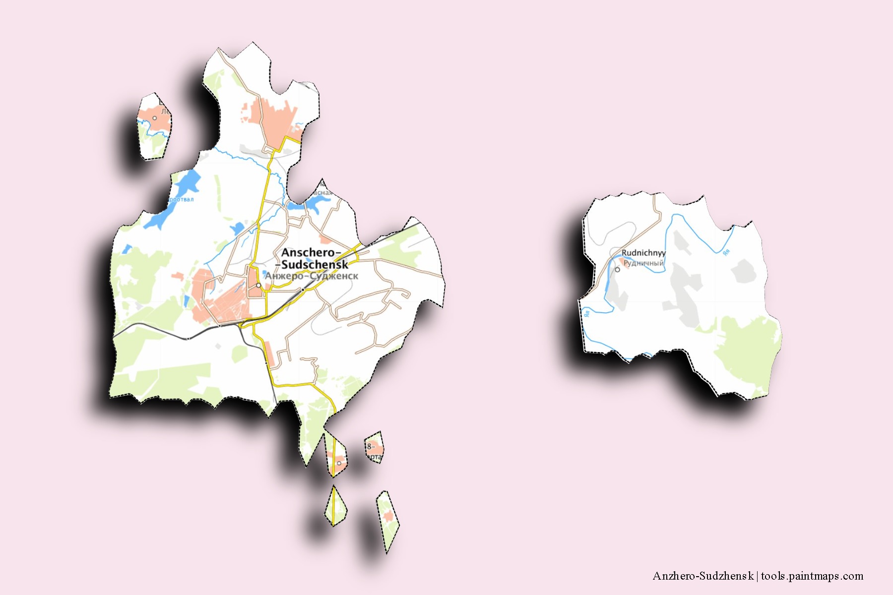 Anzhero-Sudzhensk neighborhoods and villages map with 3D shadow effect