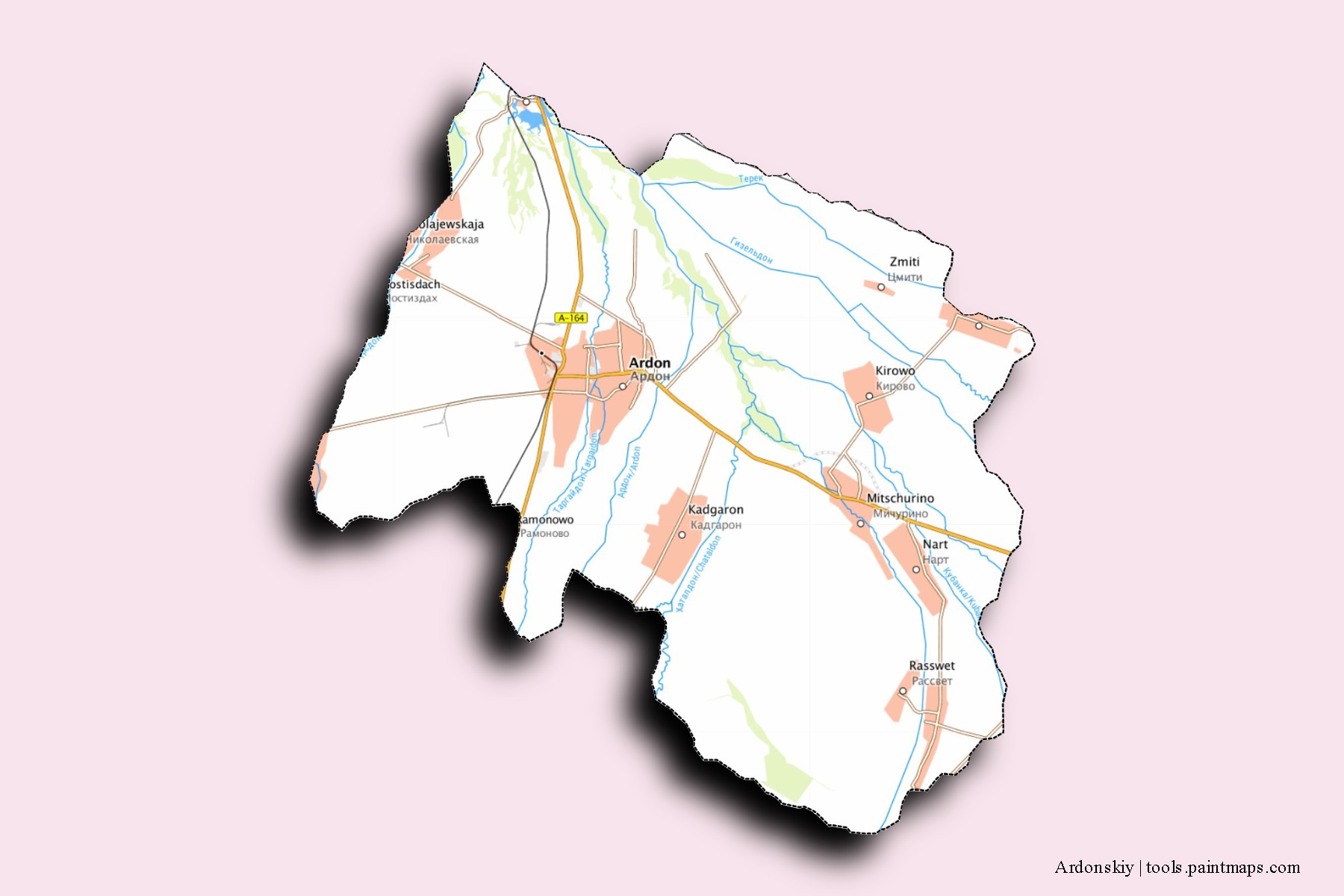 Mapa de barrios y pueblos de Ardonskiy con efecto de sombra 3D