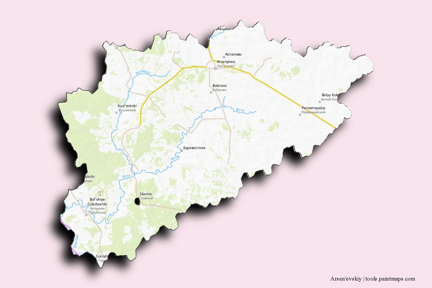 Mapa de barrios y pueblos de Arsen'evskiy con efecto de sombra 3D