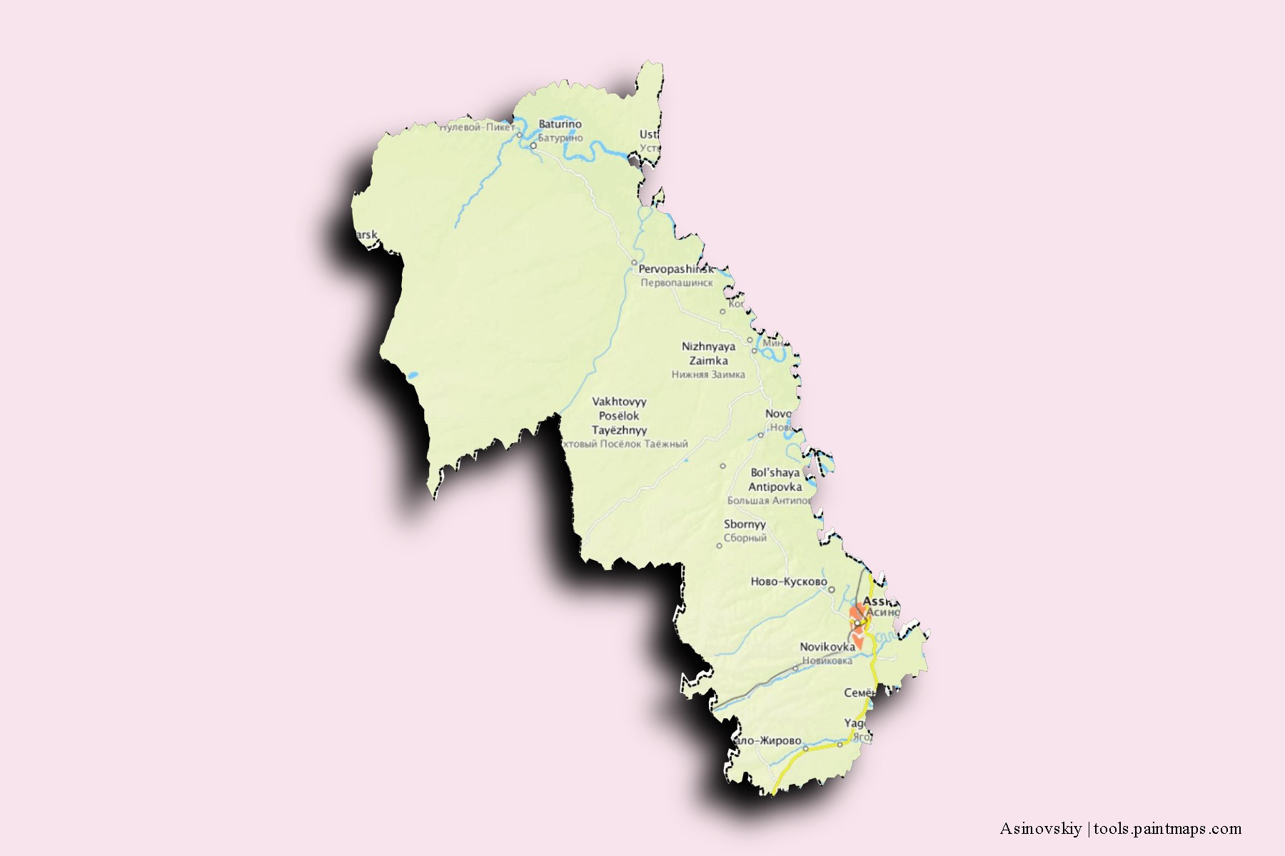 Mapa de barrios y pueblos de Asinovskiy con efecto de sombra 3D