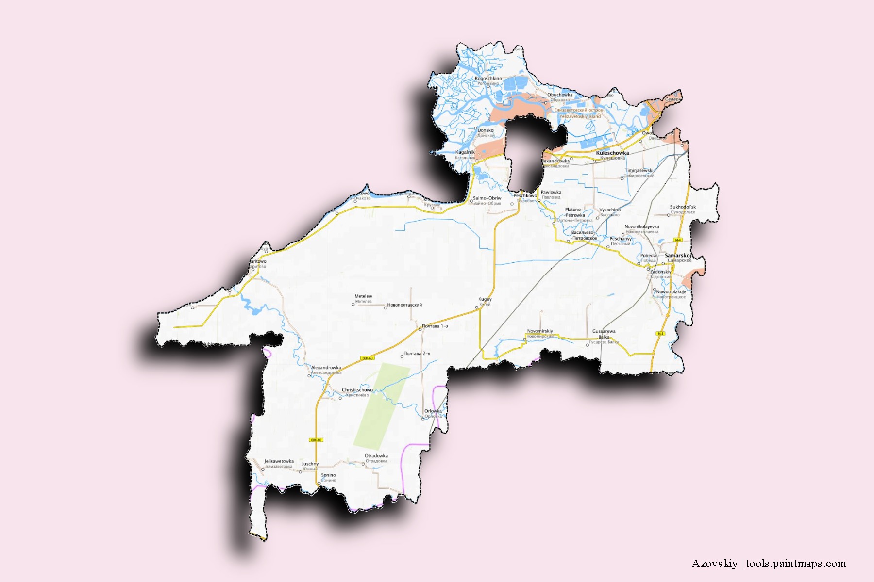 Azovskiy neighborhoods and villages map with 3D shadow effect