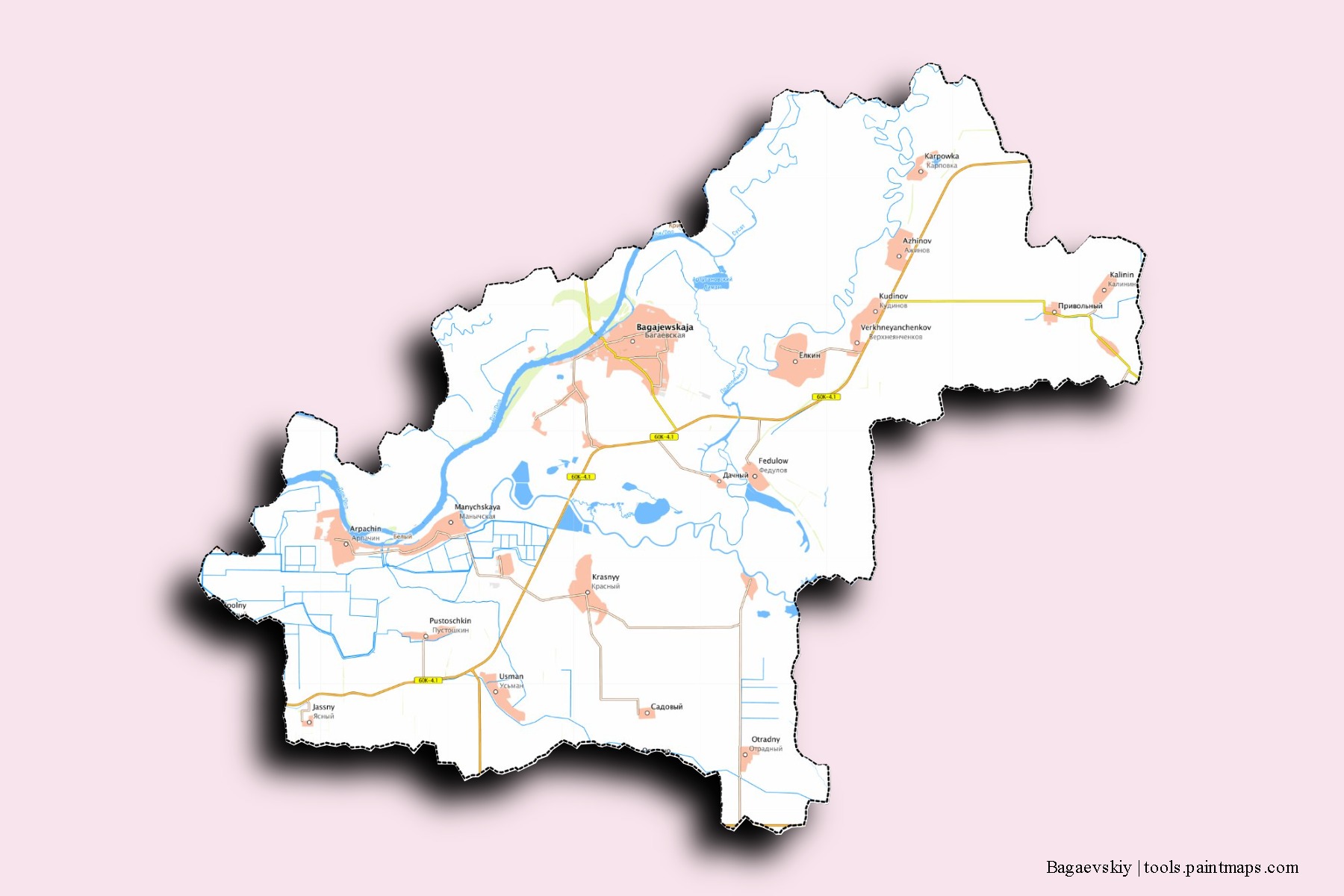 Mapa de barrios y pueblos de Bagaevskiy con efecto de sombra 3D