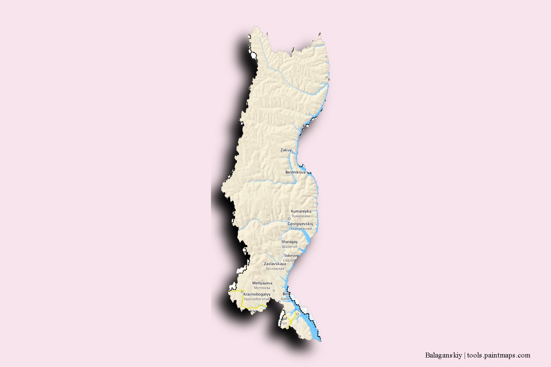 Balaganskiy neighborhoods and villages map with 3D shadow effect