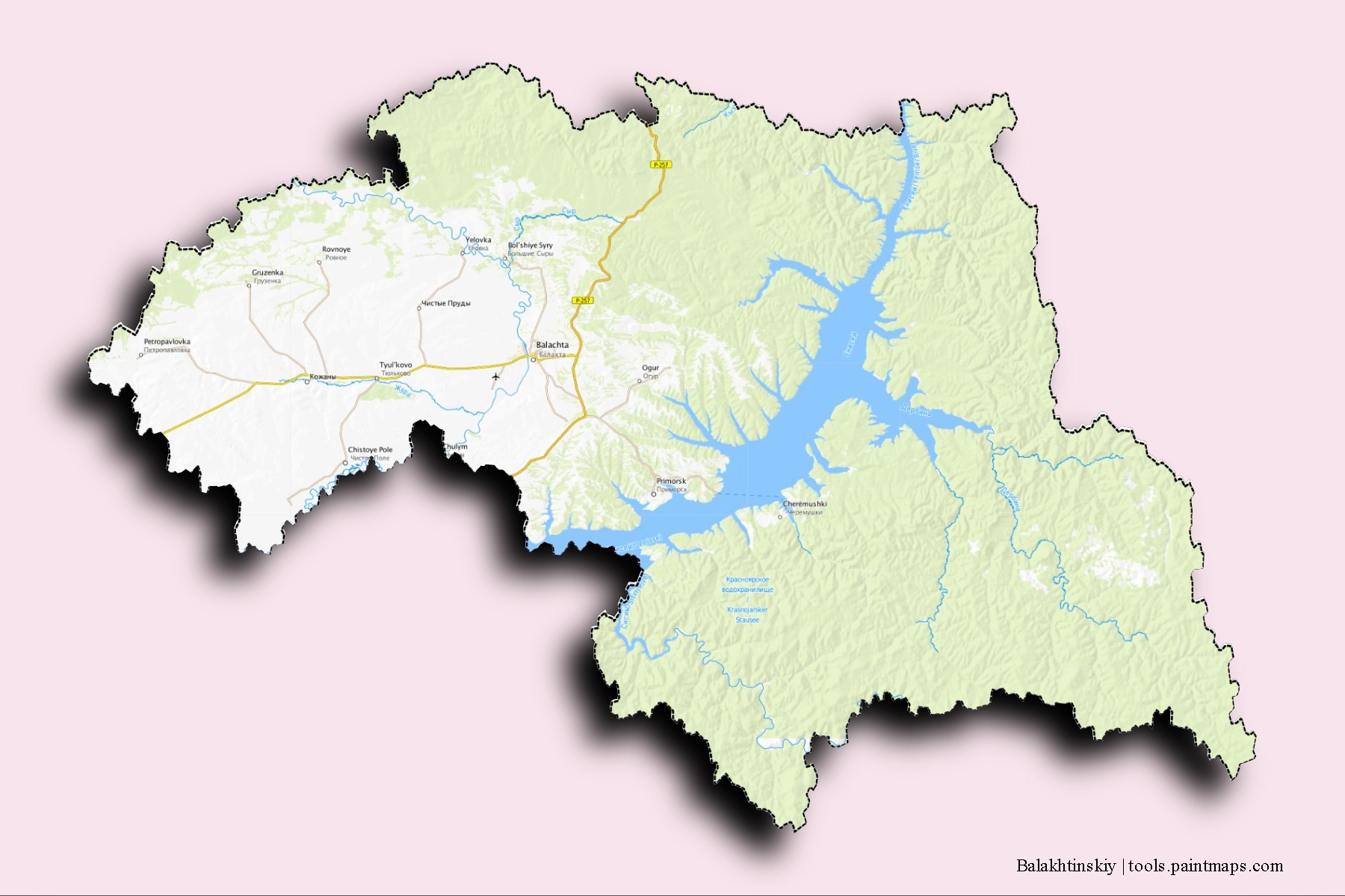 Mapa de barrios y pueblos de Balakhtinskiy con efecto de sombra 3D