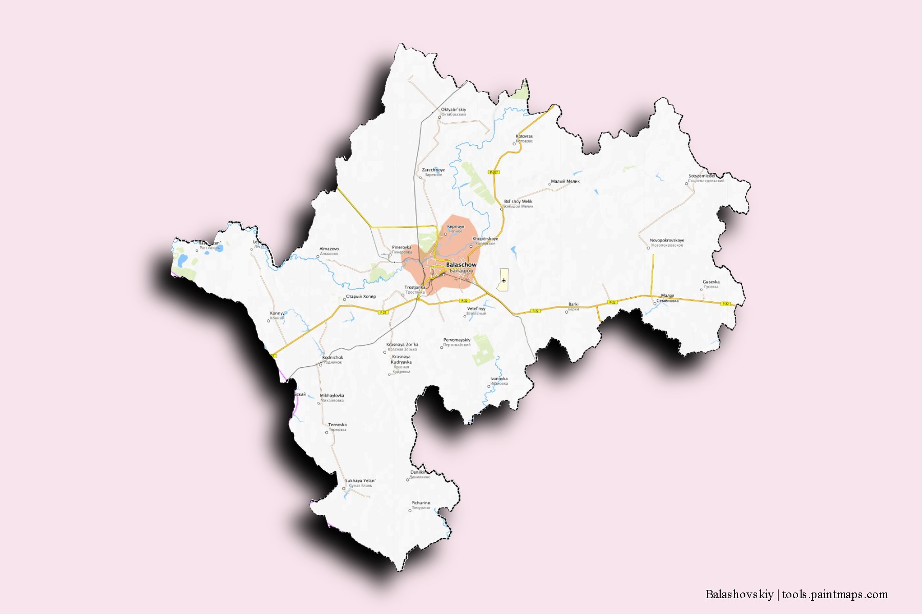 Balashovskiy neighborhoods and villages map with 3D shadow effect