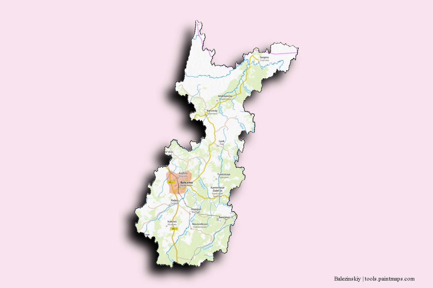 Mapa de barrios y pueblos de Balezinskiy con efecto de sombra 3D