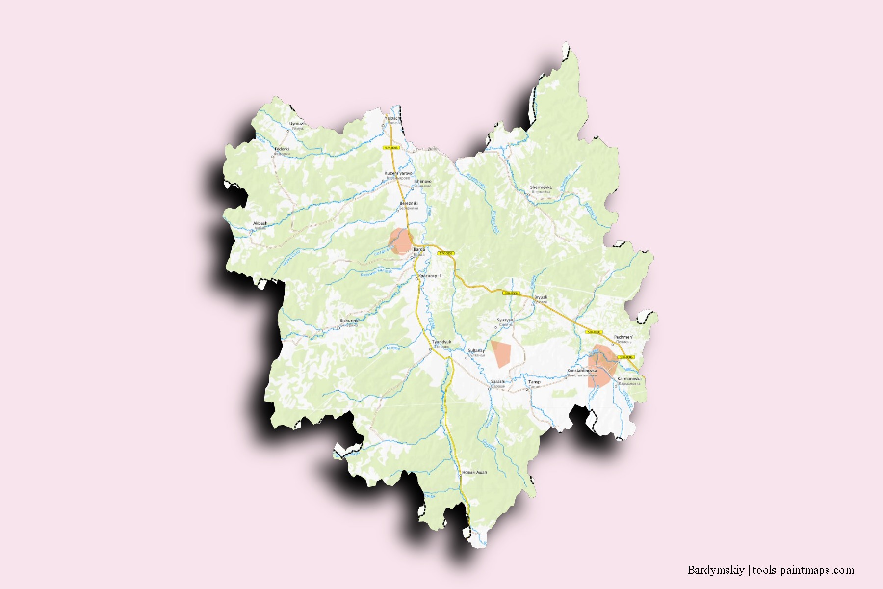 Mapa de barrios y pueblos de Bardymskiy con efecto de sombra 3D