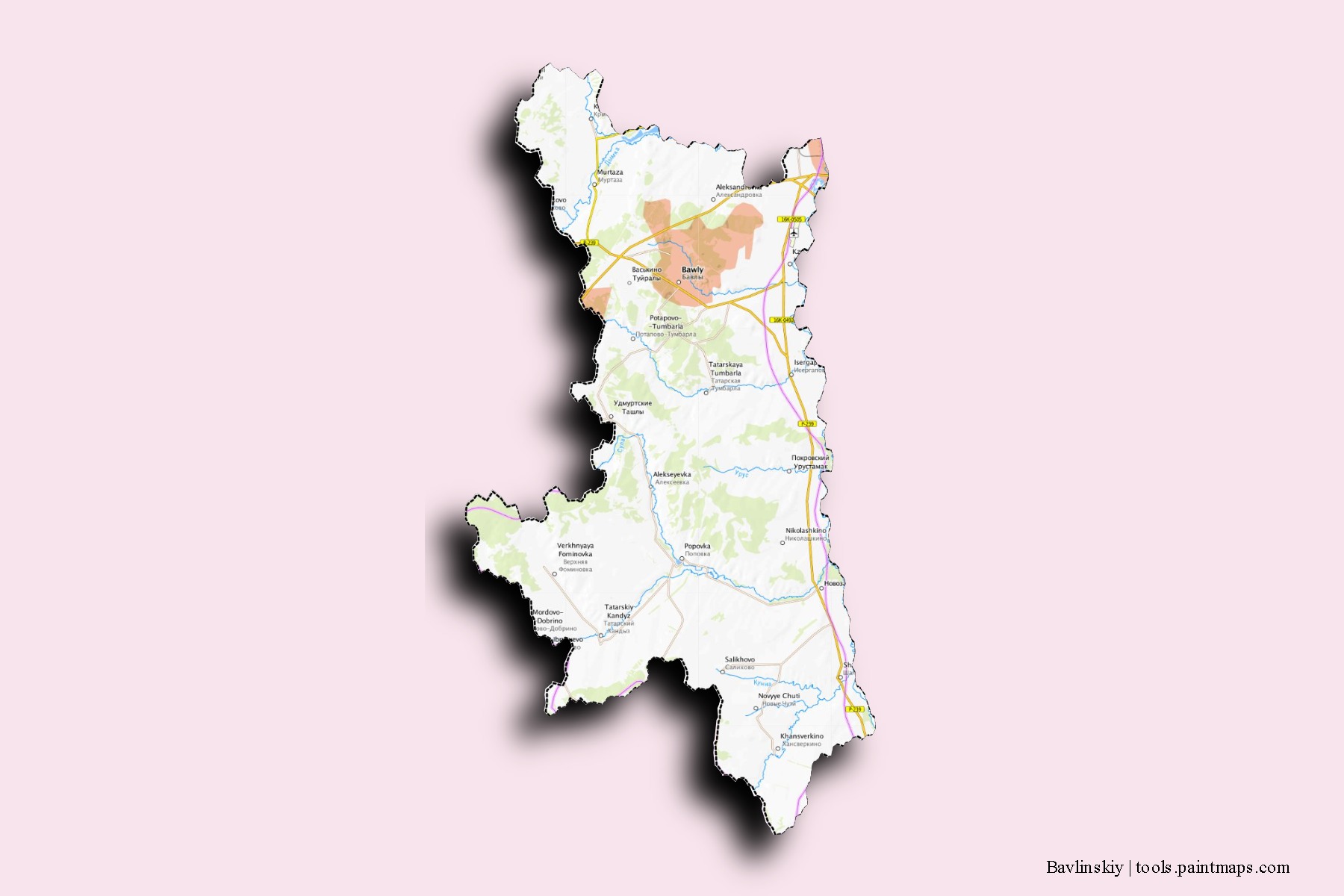 Bavlinskiy neighborhoods and villages map with 3D shadow effect