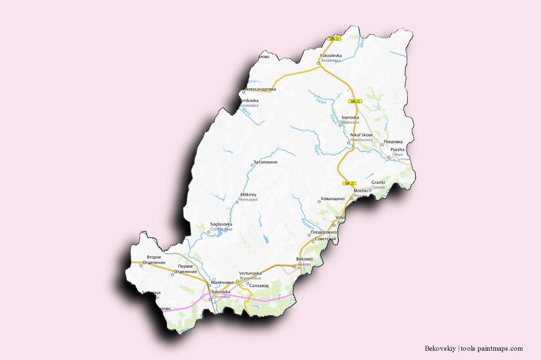 Mapa de barrios y pueblos de Bekovskiy con efecto de sombra 3D