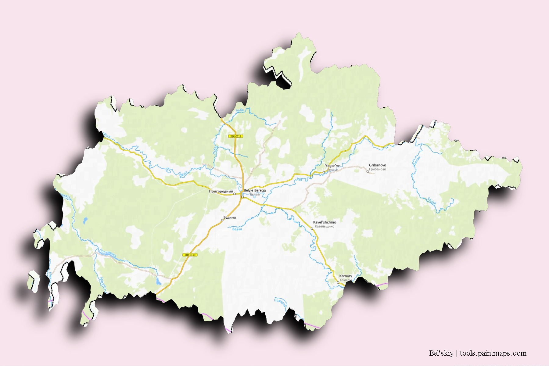 Mapa de barrios y pueblos de Bel'skiy con efecto de sombra 3D