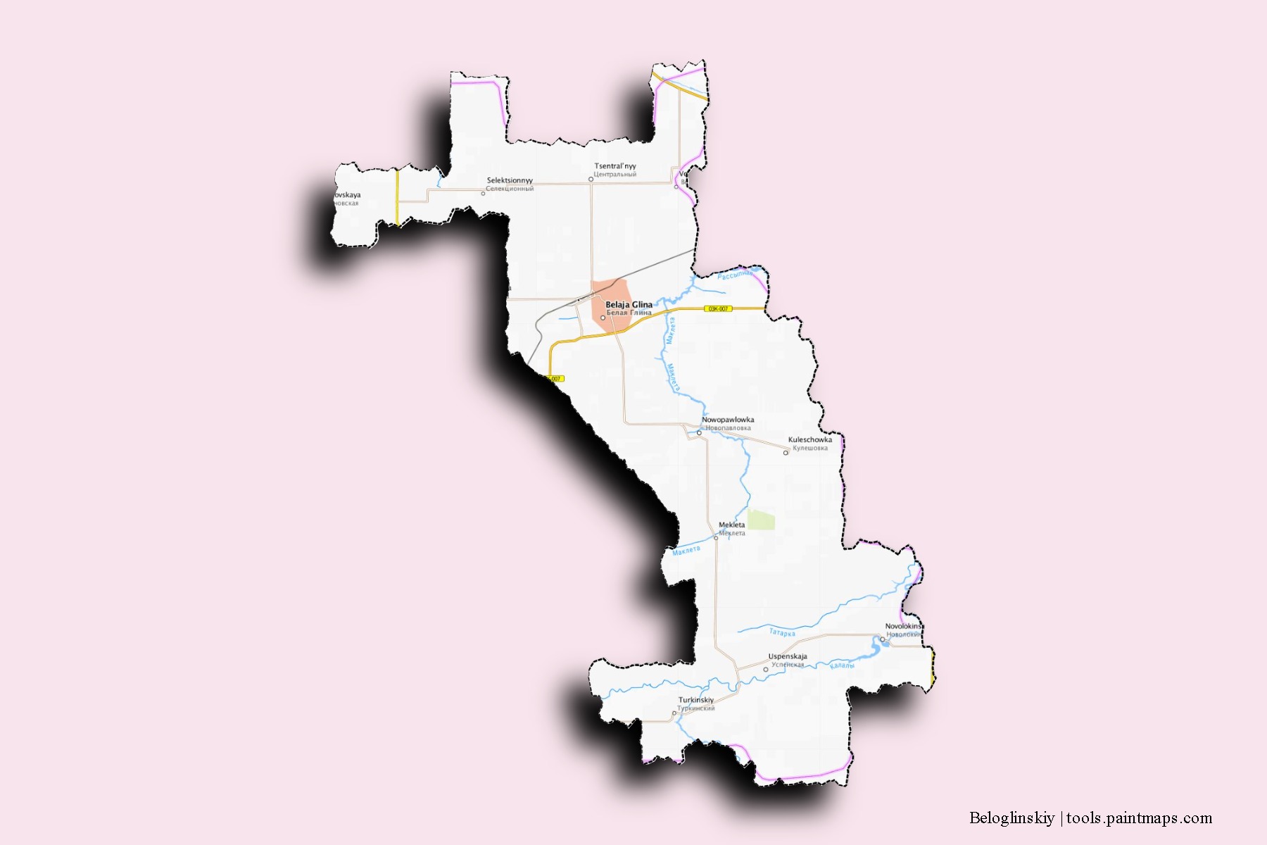 Mapa de barrios y pueblos de Beloglinskiy con efecto de sombra 3D