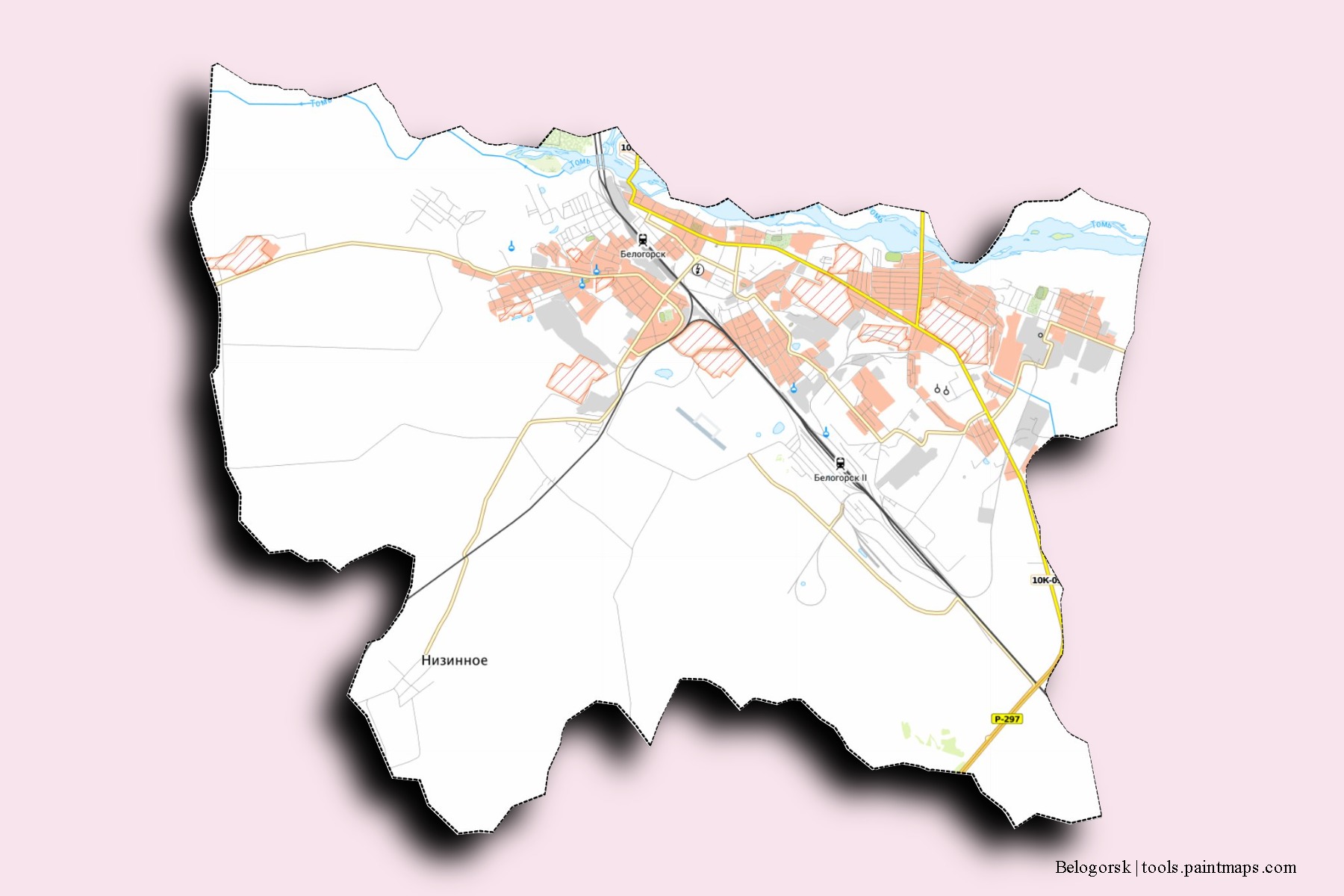 3D gölge efektli Belogorsk mahalleleri ve köyleri haritası