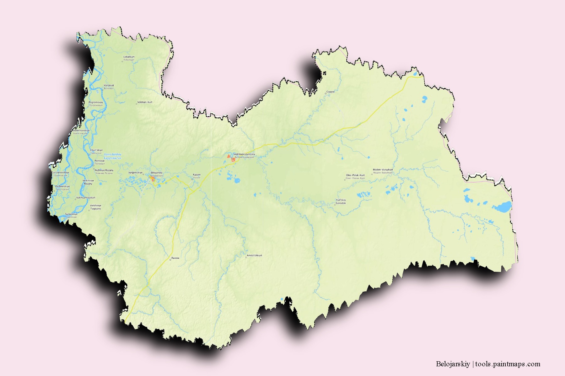 Belojarskiy neighborhoods and villages map with 3D shadow effect