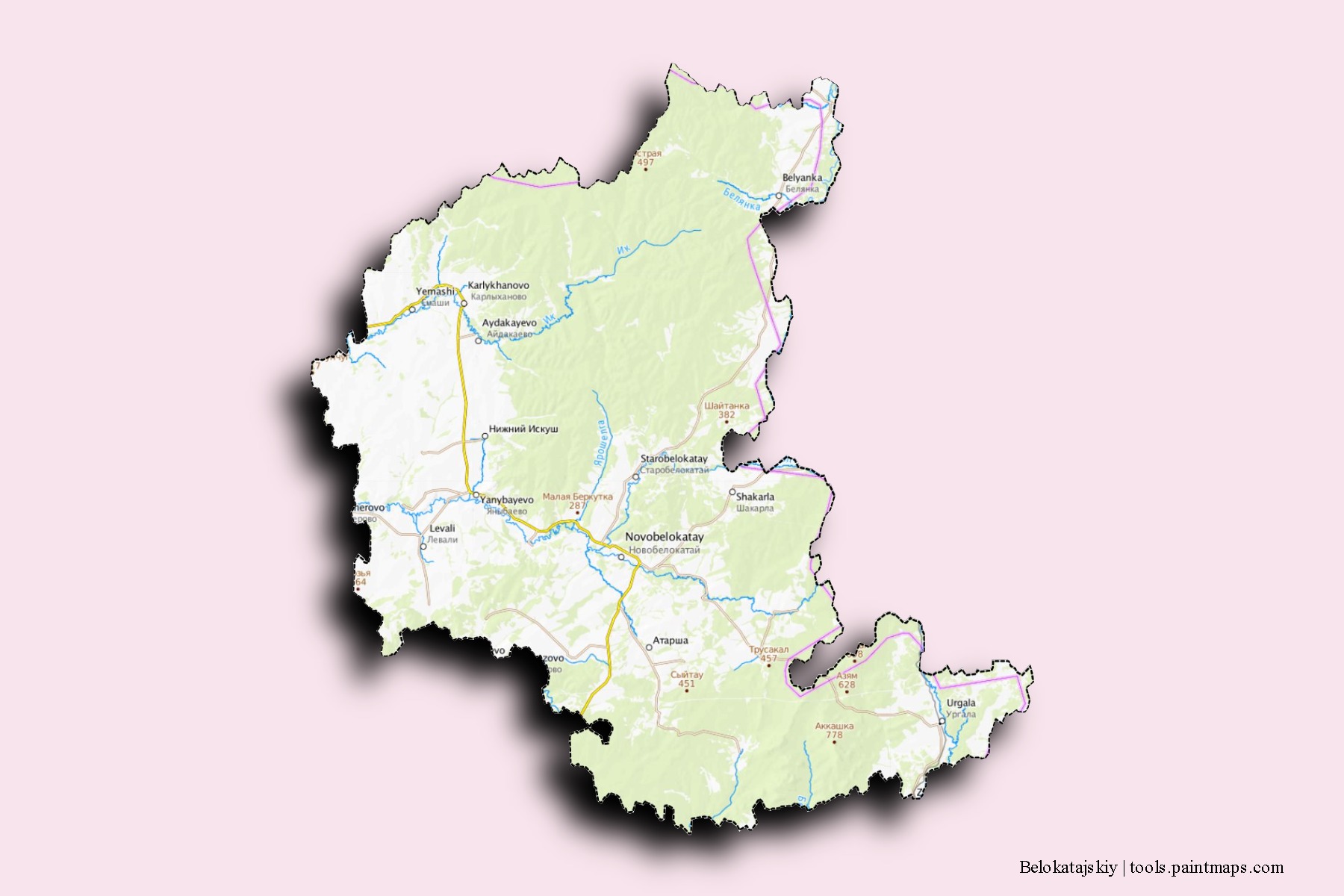 Mapa de barrios y pueblos de Belokatajskiy con efecto de sombra 3D