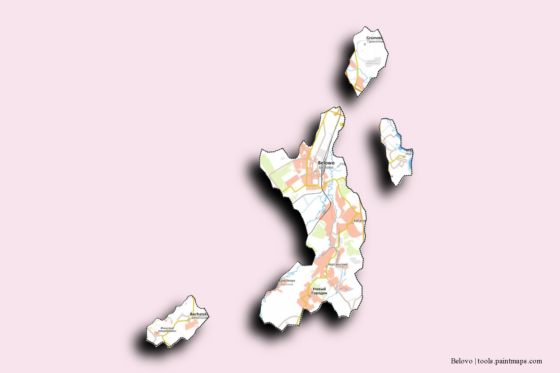 Belovo neighborhoods and villages map with 3D shadow effect