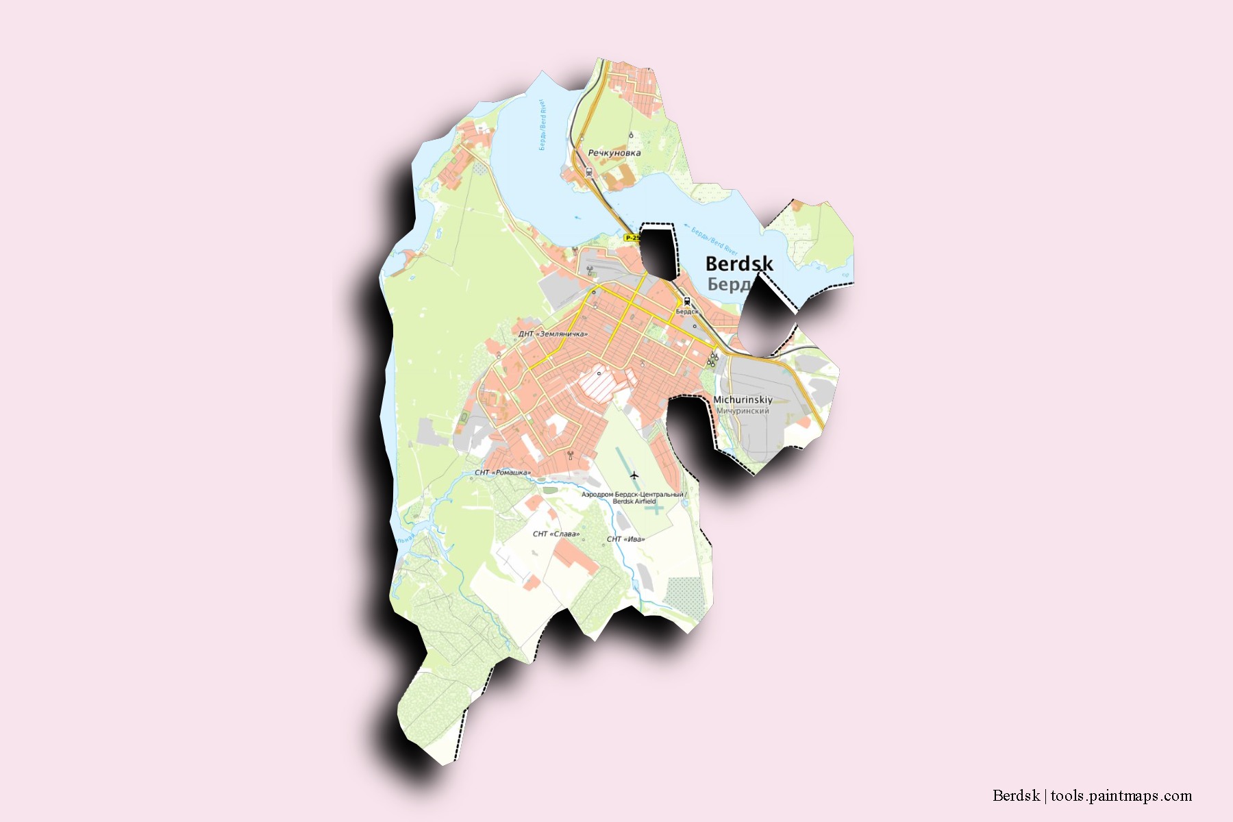 Berdsk neighborhoods and villages map with 3D shadow effect