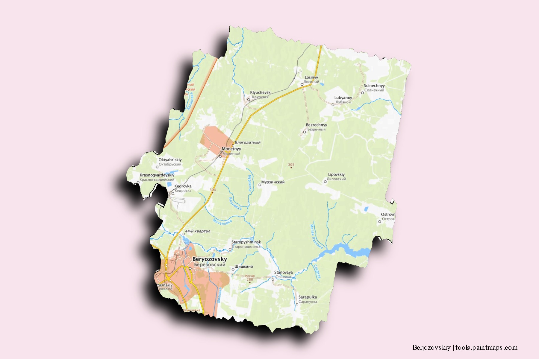 Mapa de barrios y pueblos de Berjozovskiy con efecto de sombra 3D