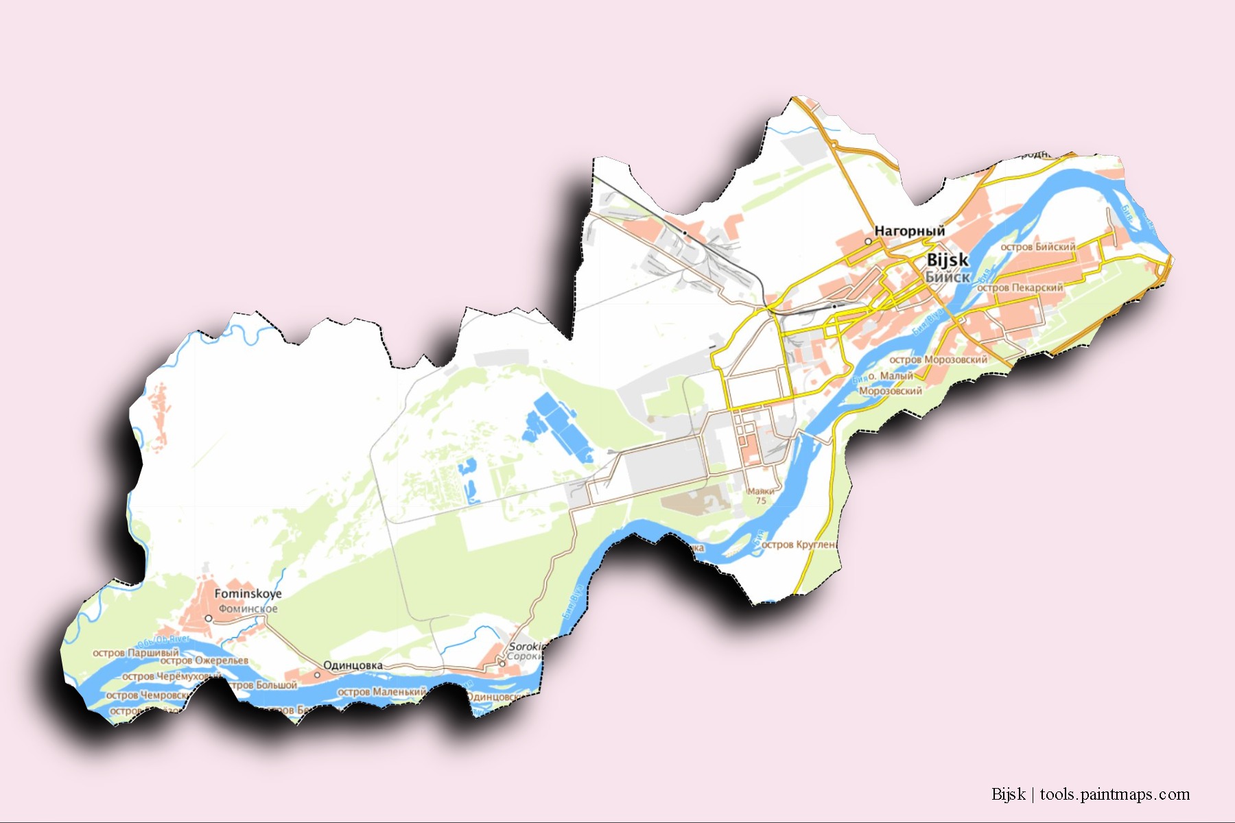 Bijsk neighborhoods and villages map with 3D shadow effect